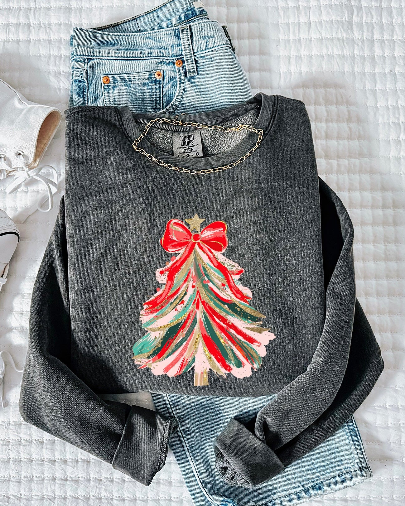 Merry Christmas Tree Holiday Winter Garment Dyed Comfort Colors Sweatshirt (Red Ribbon)