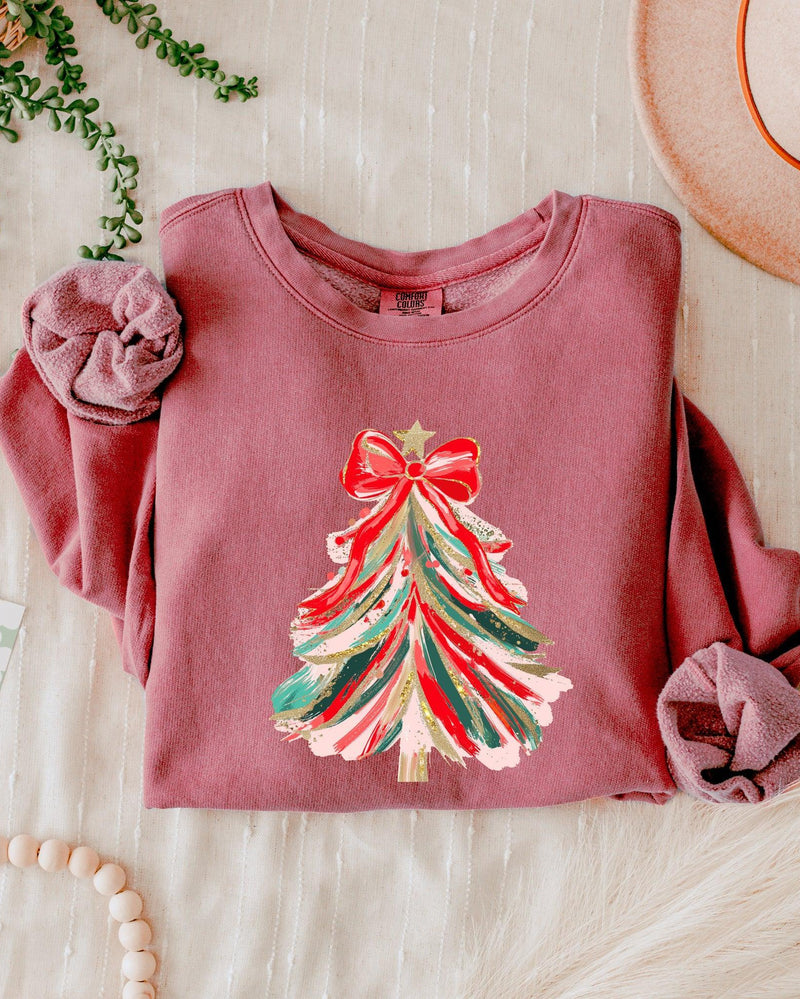 Merry Christmas Tree Holiday Winter Garment Dyed Comfort Colors Sweatshirt (Red Ribbon)