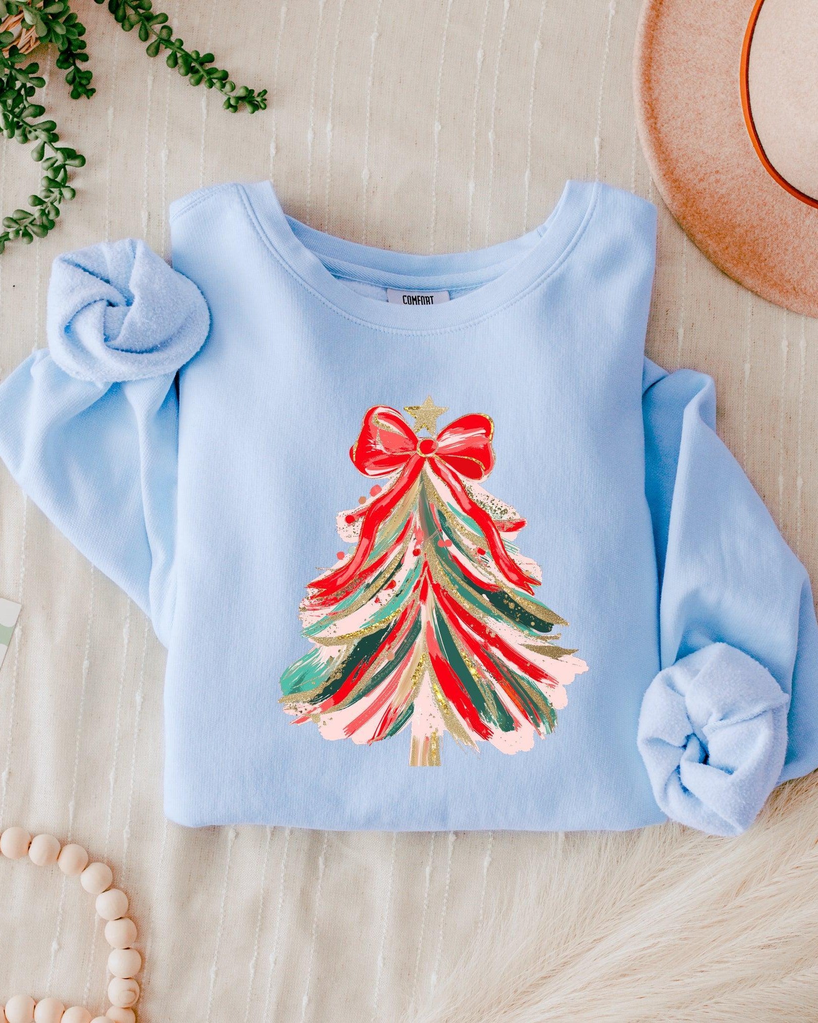 Merry Christmas Tree Holiday Winter Garment Dyed Comfort Colors Sweatshirt (Red Ribbon)