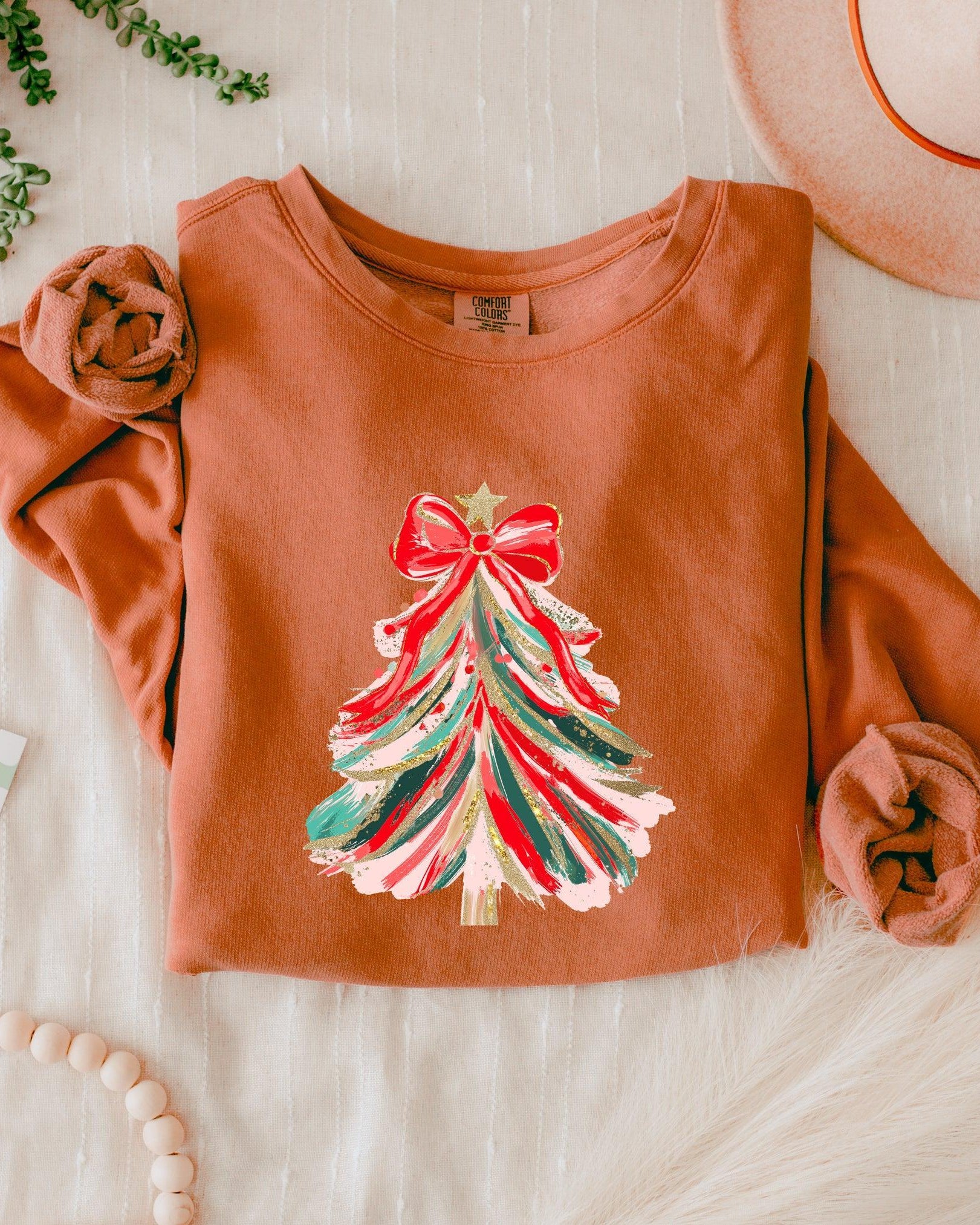 Merry Christmas Tree Holiday Winter Garment Dyed Comfort Colors Sweatshirt (Red Ribbon)