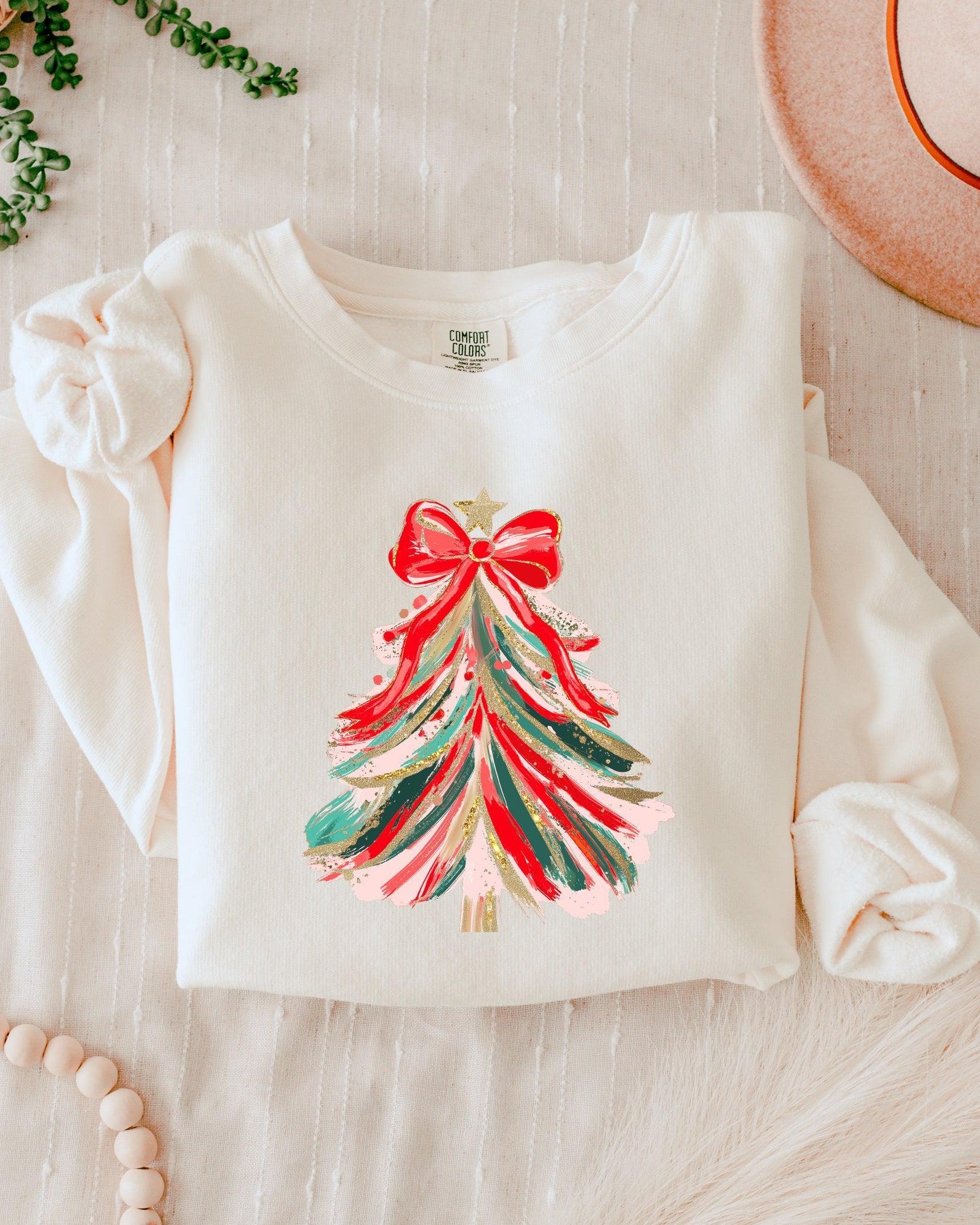 Merry Christmas Tree Holiday Winter Garment Dyed Comfort Colors Sweatshirt (Red Ribbon)