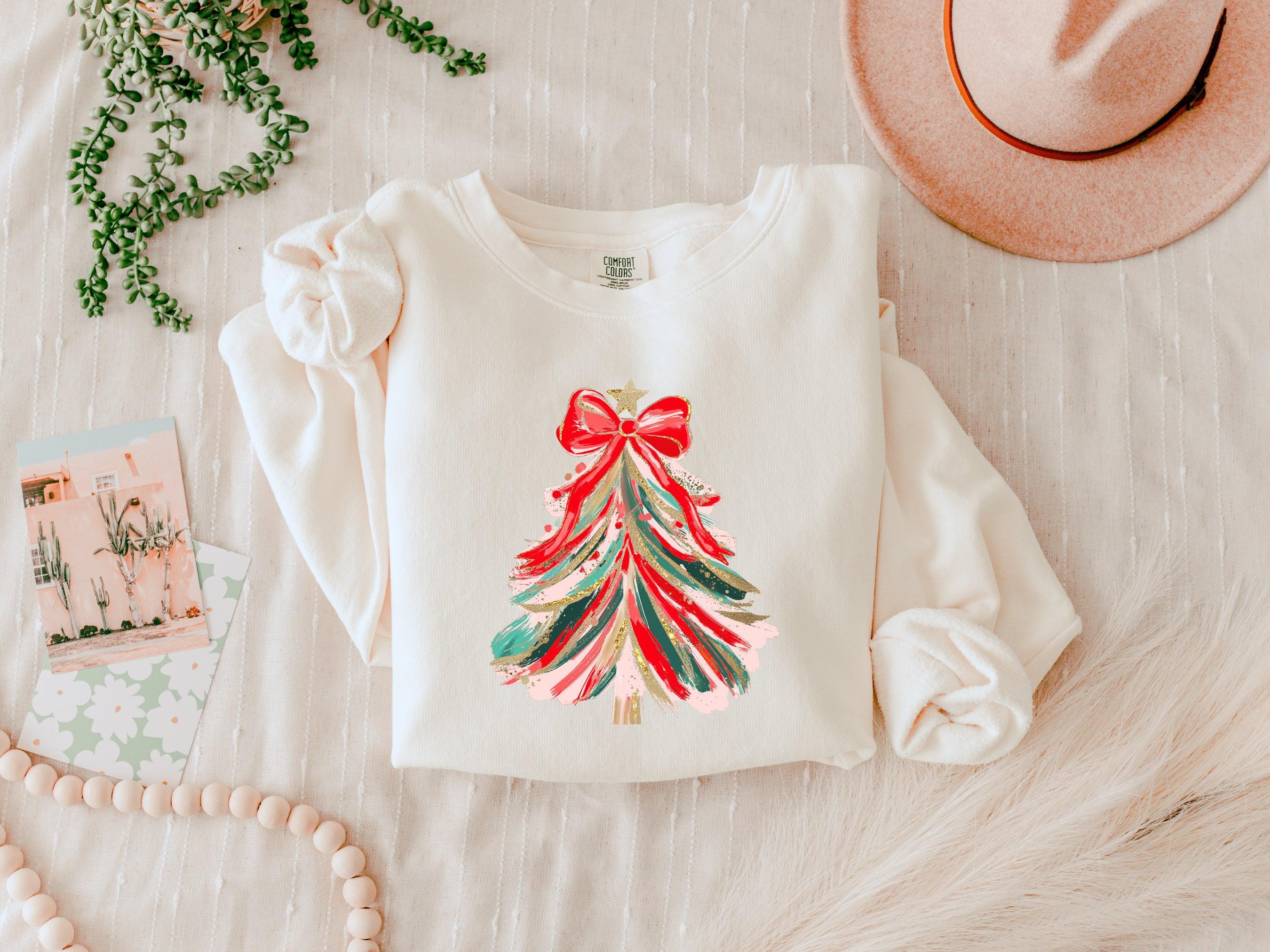 Merry Christmas Tree Holiday Winter Garment Dyed Comfort Colors Sweatshirt (Red Ribbon)