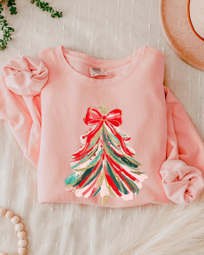 Merry Christmas Tree Holiday Winter Garment Dyed Comfort Colors Sweatshirt (Red Ribbon)