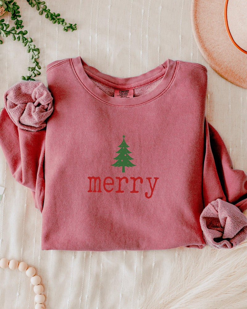 Merry Christmas + Tree Holiday Winter Garment Dyed Comfort Colors Sweatshirt
