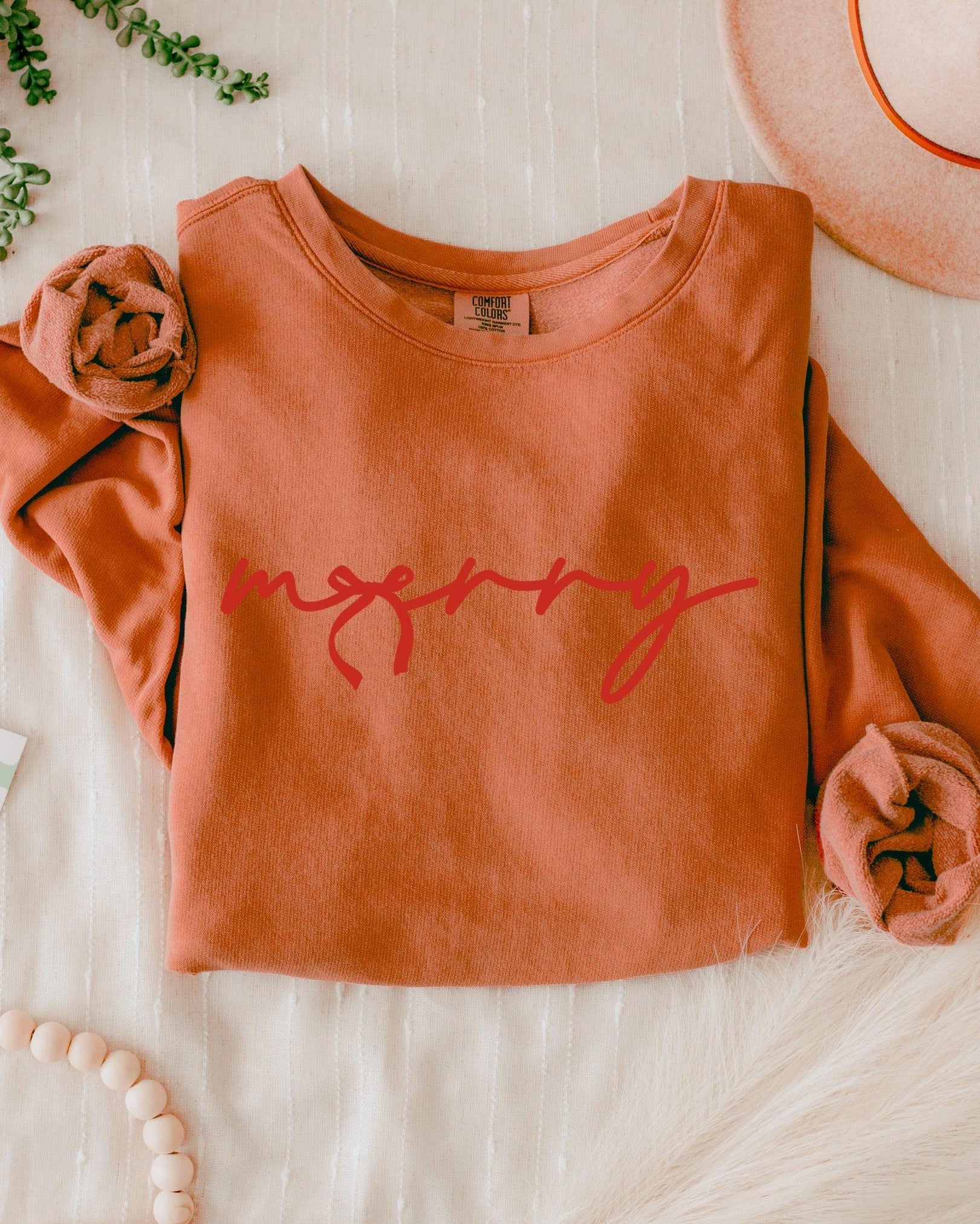 Merry Red Ribbon Christmas Holiday Winter Garment Dyed Comfort Colors Sweatshirt