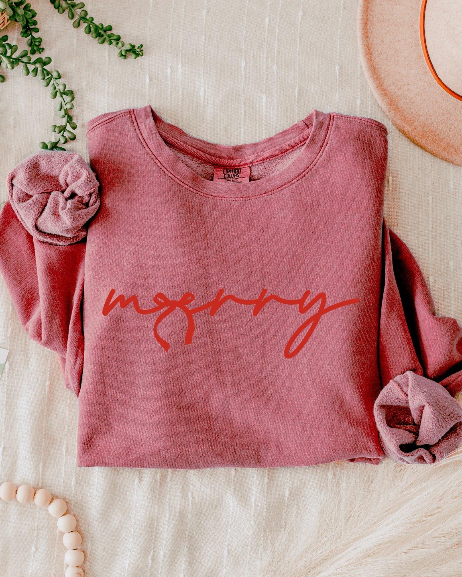Merry Red Ribbon Christmas Holiday Winter Garment Dyed Comfort Colors Sweatshirt