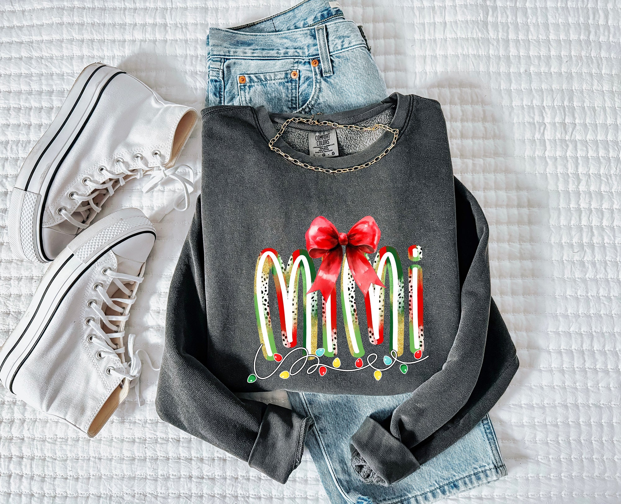 Mimi Christmas Theme Grandma Garment Dyed Comfort Colors Sweatshirt (red ribbon)