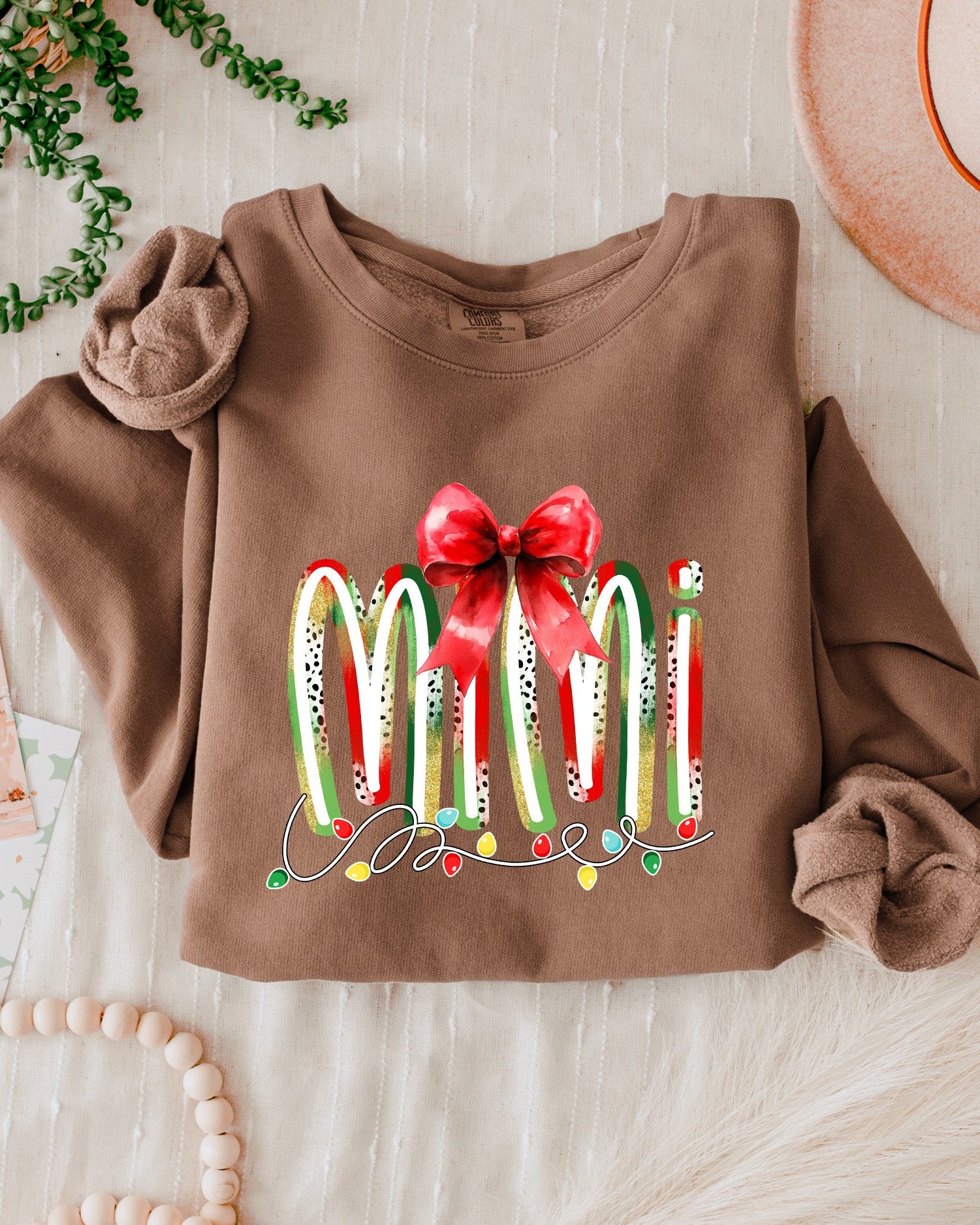 Mimi Christmas Theme Grandma Garment Dyed Comfort Colors Sweatshirt (red ribbon)