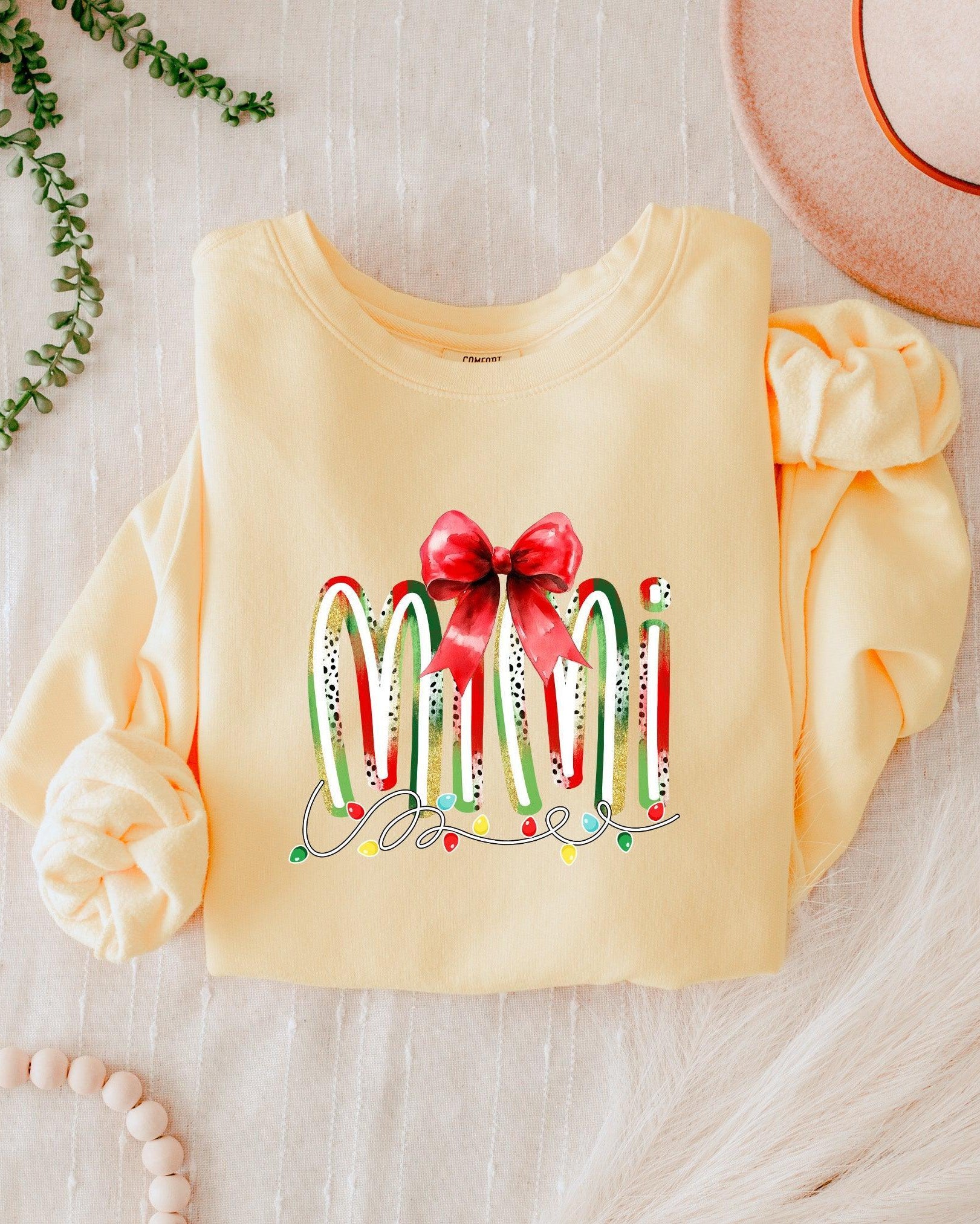 Mimi Christmas Theme Grandma Garment Dyed Comfort Colors Sweatshirt (red ribbon)