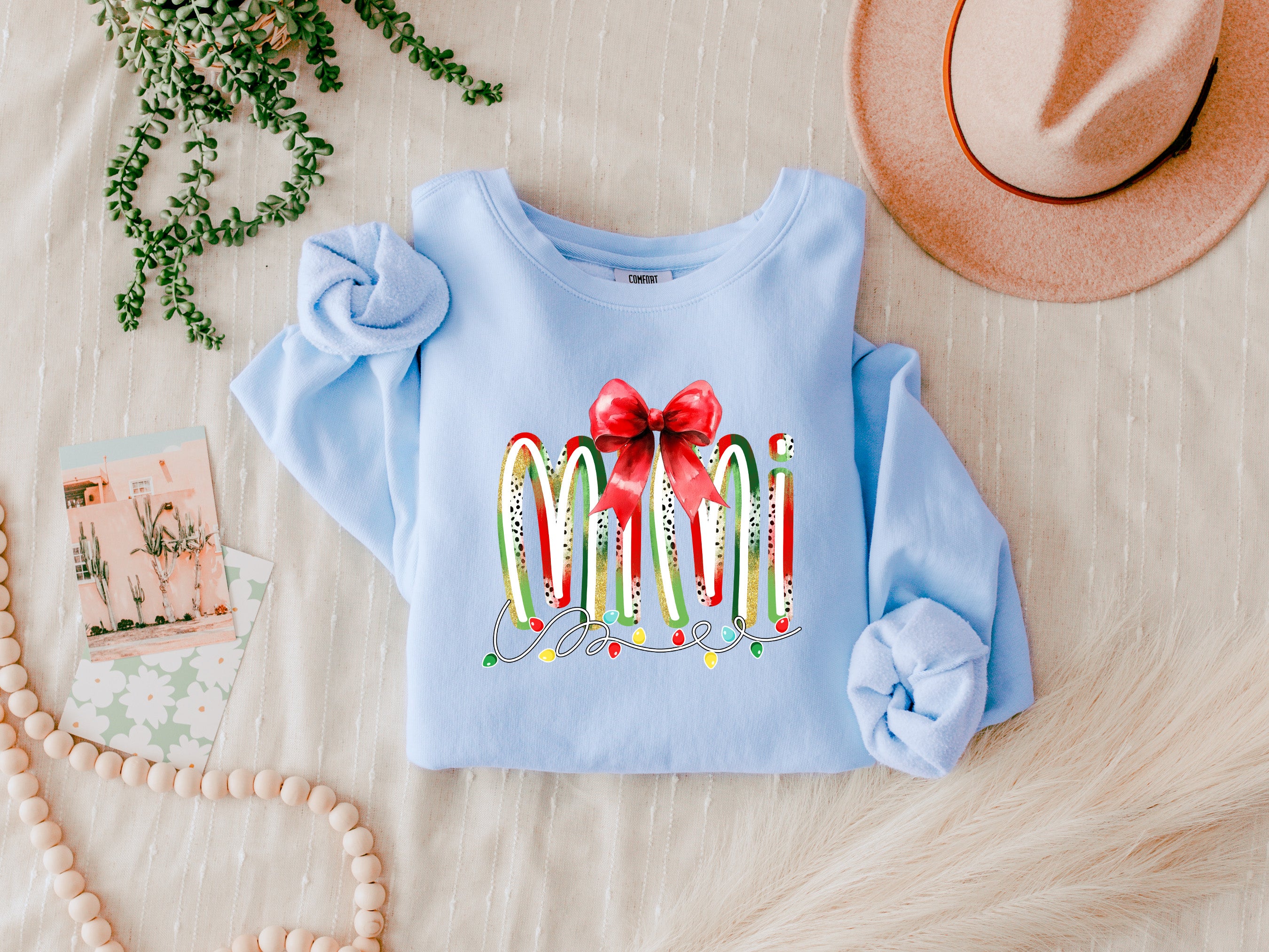 Mimi Christmas Theme Grandma Garment Dyed Comfort Colors Sweatshirt (red ribbon)