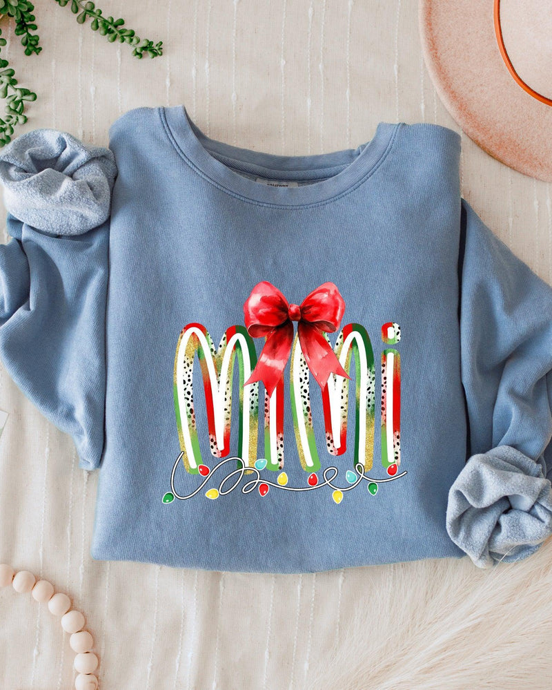 Mimi Christmas Theme Grandma Garment Dyed Comfort Colors Sweatshirt (red ribbon)