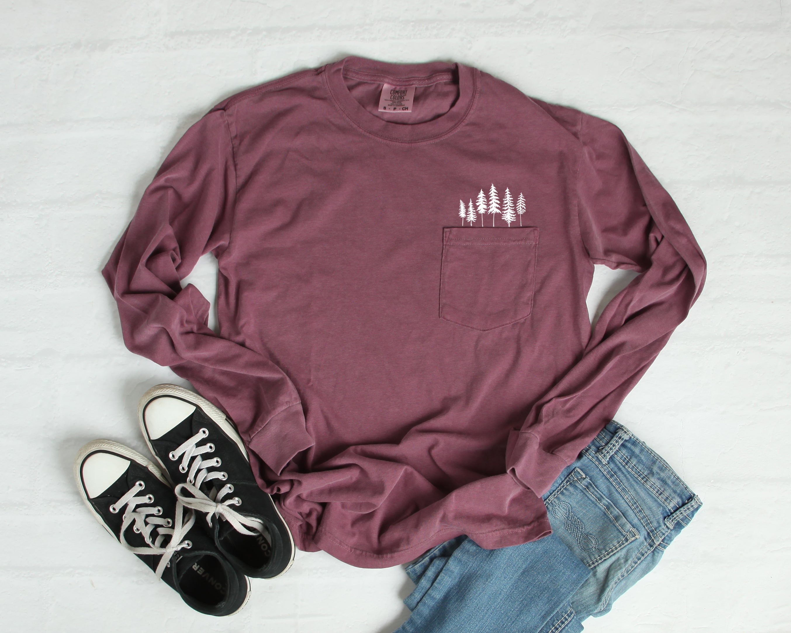 Nature Mountain Tree Pocket Comfort Colors Long Sleeve Shirt