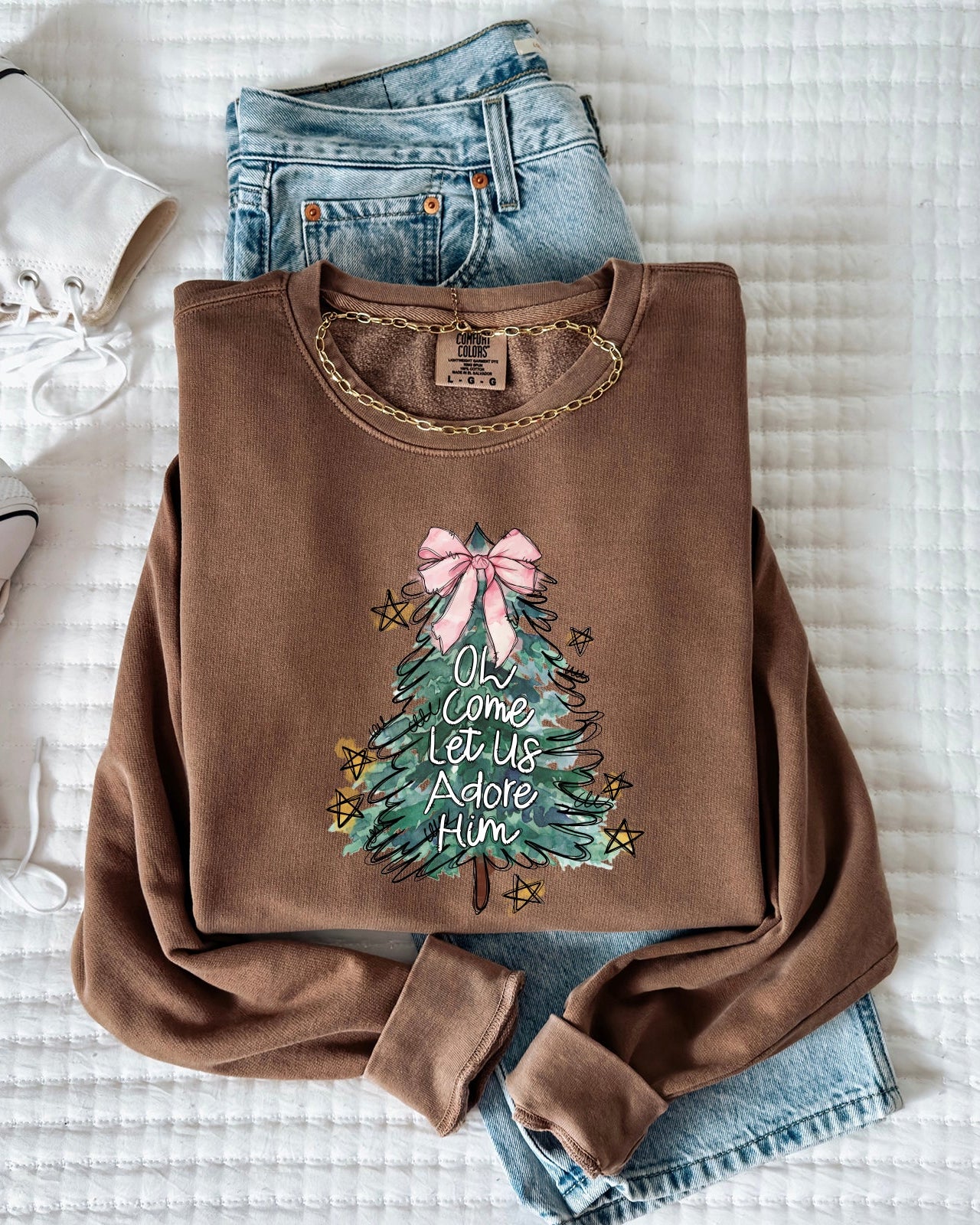 O Come Let Us Adore Him Christian Holiday Garment Dyed Comfort Colors Sweatshirt