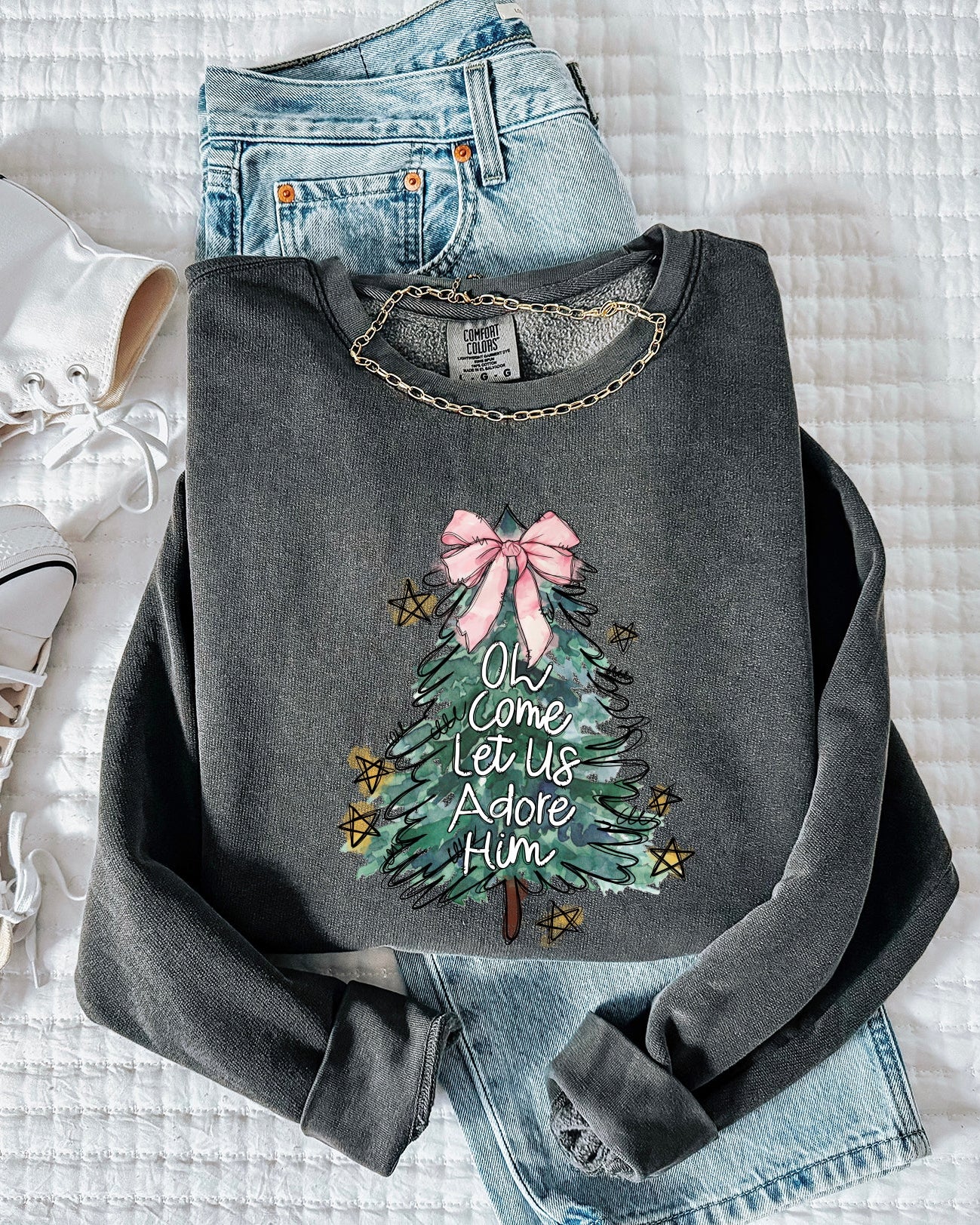 O Come Let Us Adore Him Christian Holiday Garment Dyed Comfort Colors Sweatshirt