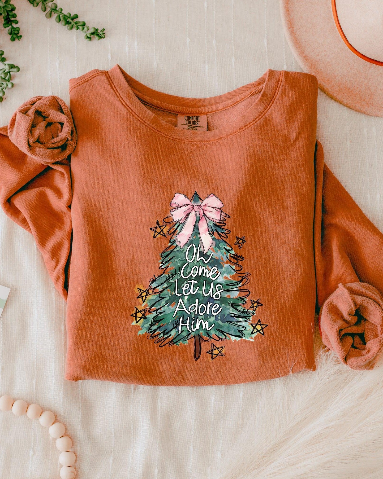 O Come Let Us Adore Him Christian Holiday Garment Dyed Comfort Colors Sweatshirt