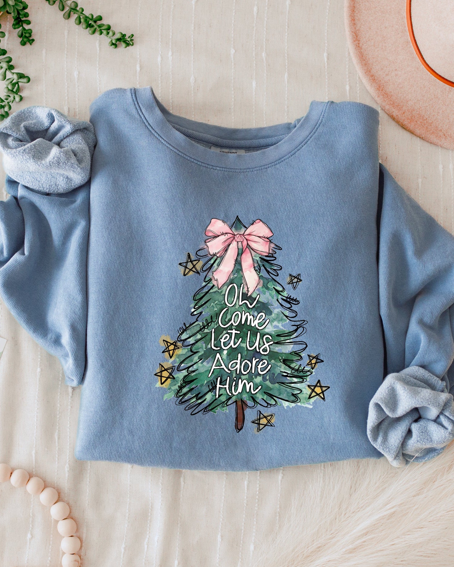 O Come Let Us Adore Him Christian Holiday Garment Dyed Comfort Colors Sweatshirt