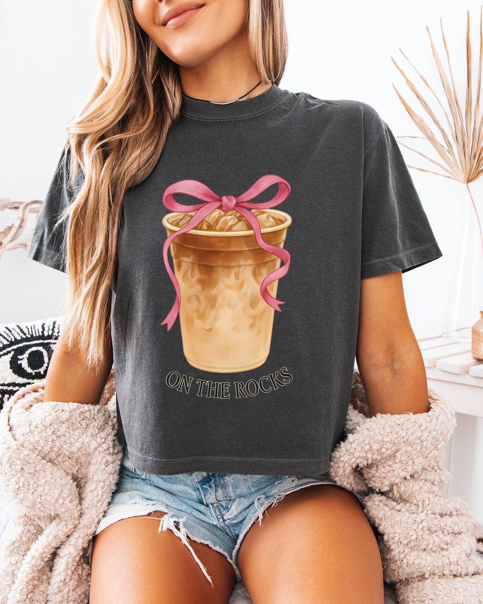 On the Rock Coffee Iced Latte Iced Coffee Garment Dyed Women's Slightly Cropped T Shirt