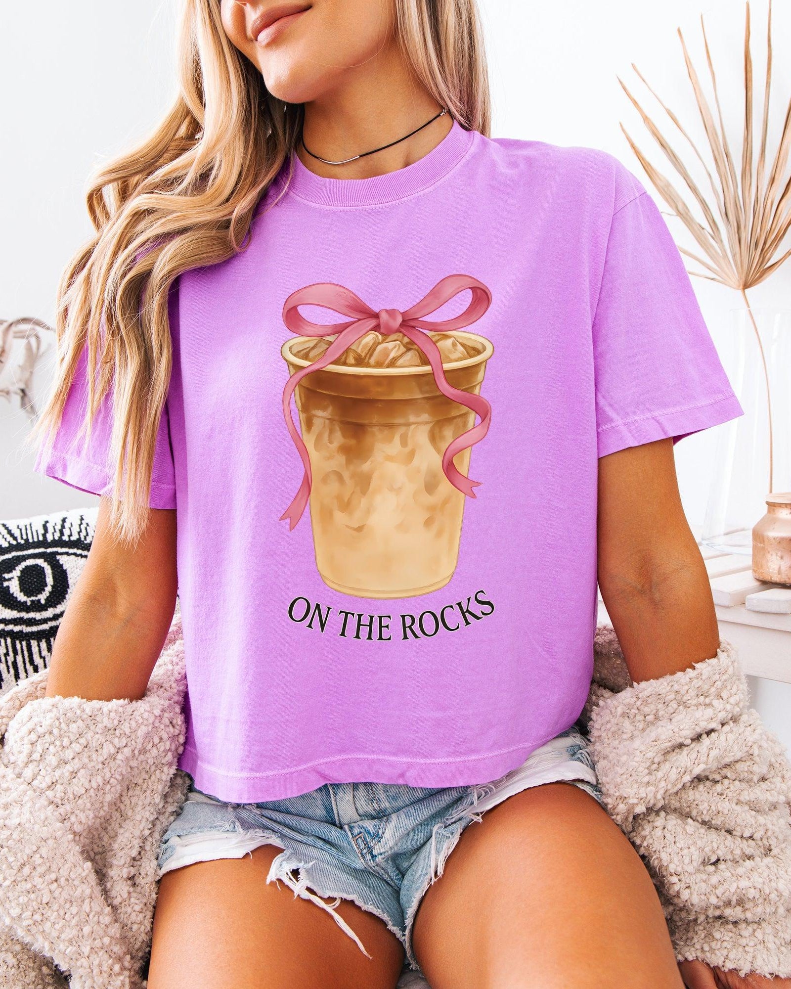 On the Rock Coffee Iced Latte Iced Coffee Garment Dyed Women's Slightly Cropped T Shirt