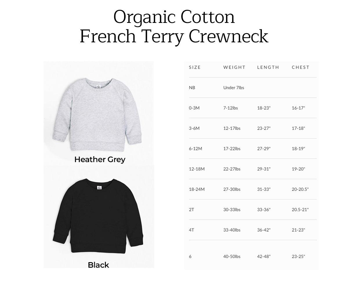 Heather Grey and Black organic cotton French terry toddler crewneck sweatshirts.