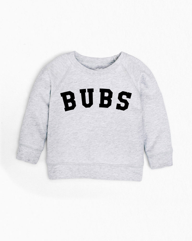 Light grey organic cotton French terry sweatshirt for babies and toddlers with "BUBS" in black text.