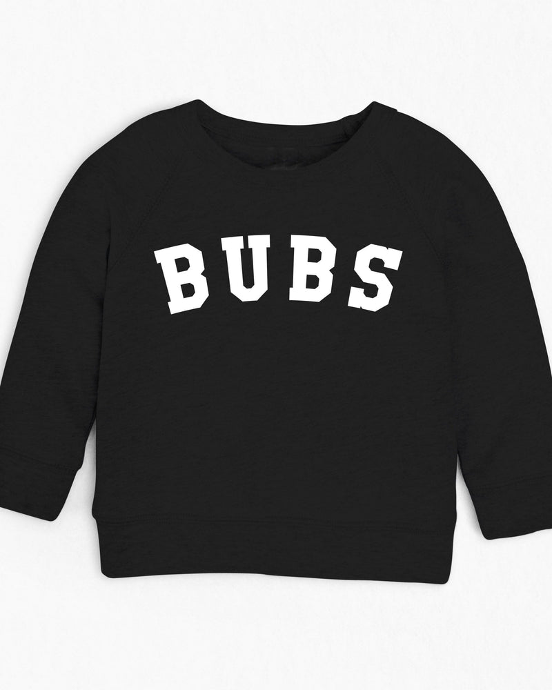 Black organic cotton French terry toddler sweatshirt with "BUBS" in white block letters.