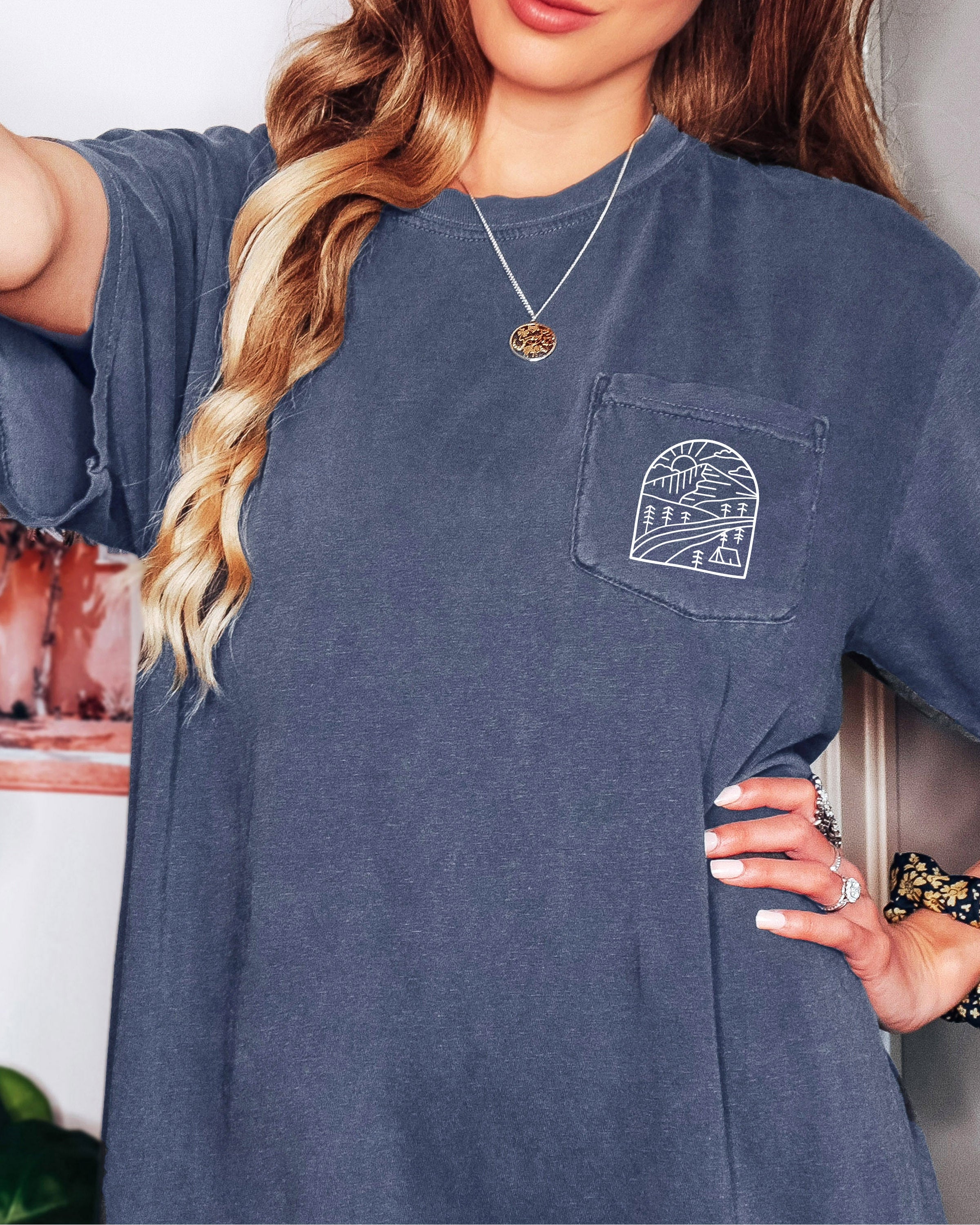 Outdoor Mountain Nature Comfort Colors Pocket T Shirt | Camping, Hiking, Plant (Window)