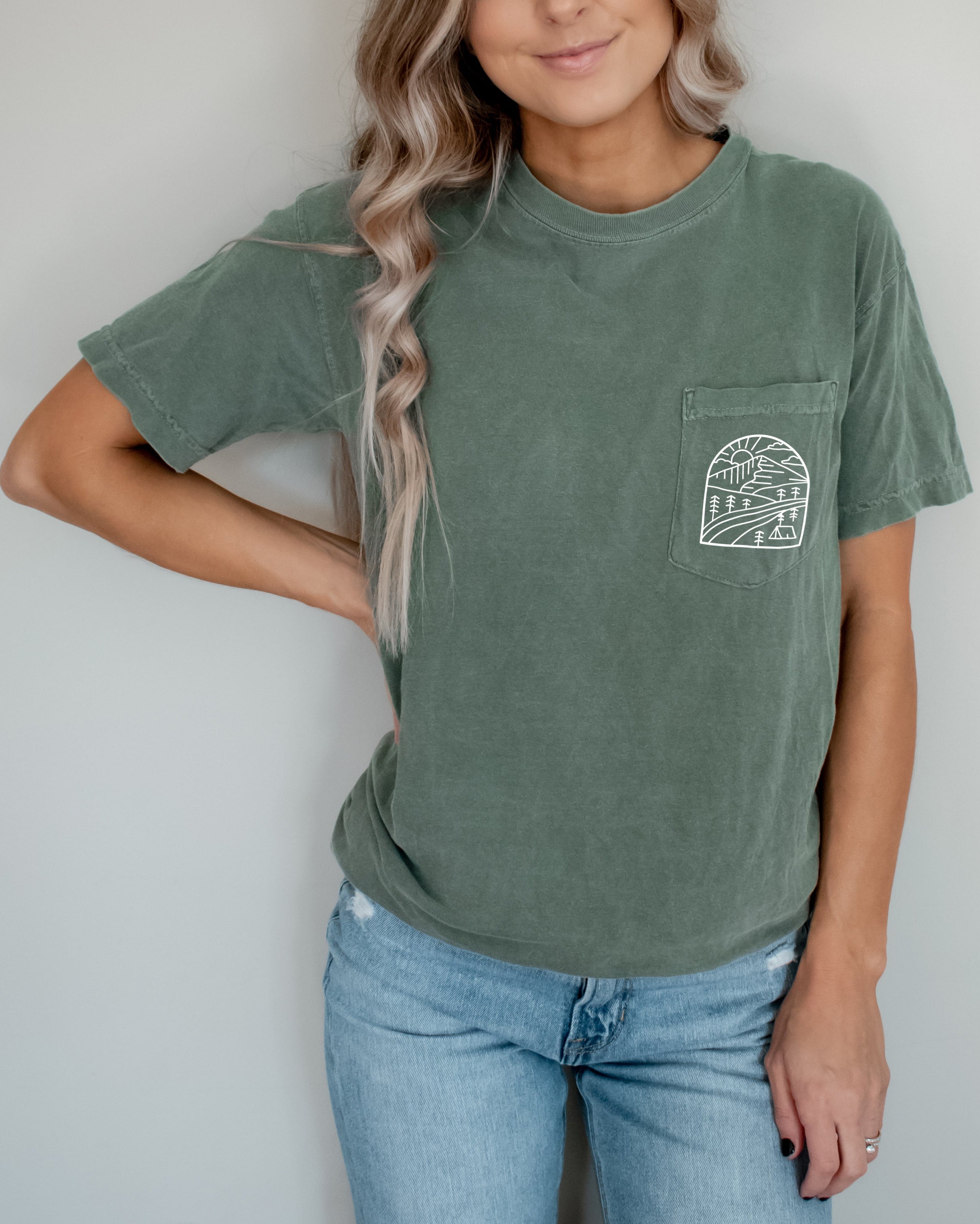 Outdoor Mountain Nature Comfort Colors Pocket T Shirt | Camping, Hiking, Plant (Window)