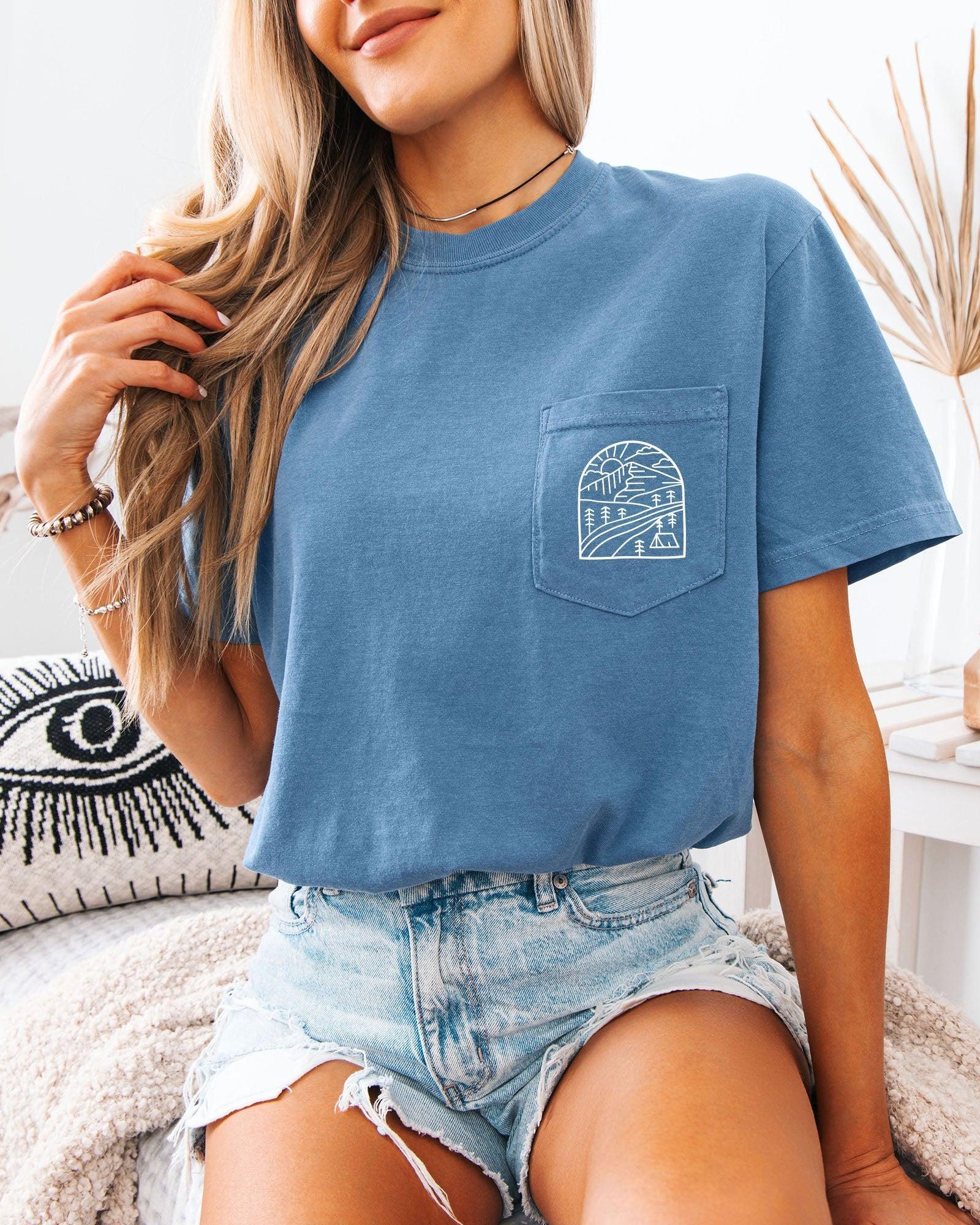 Outdoor Mountain Nature Comfort Colors Pocket T Shirt | Camping, Hiking, Plant (Window)