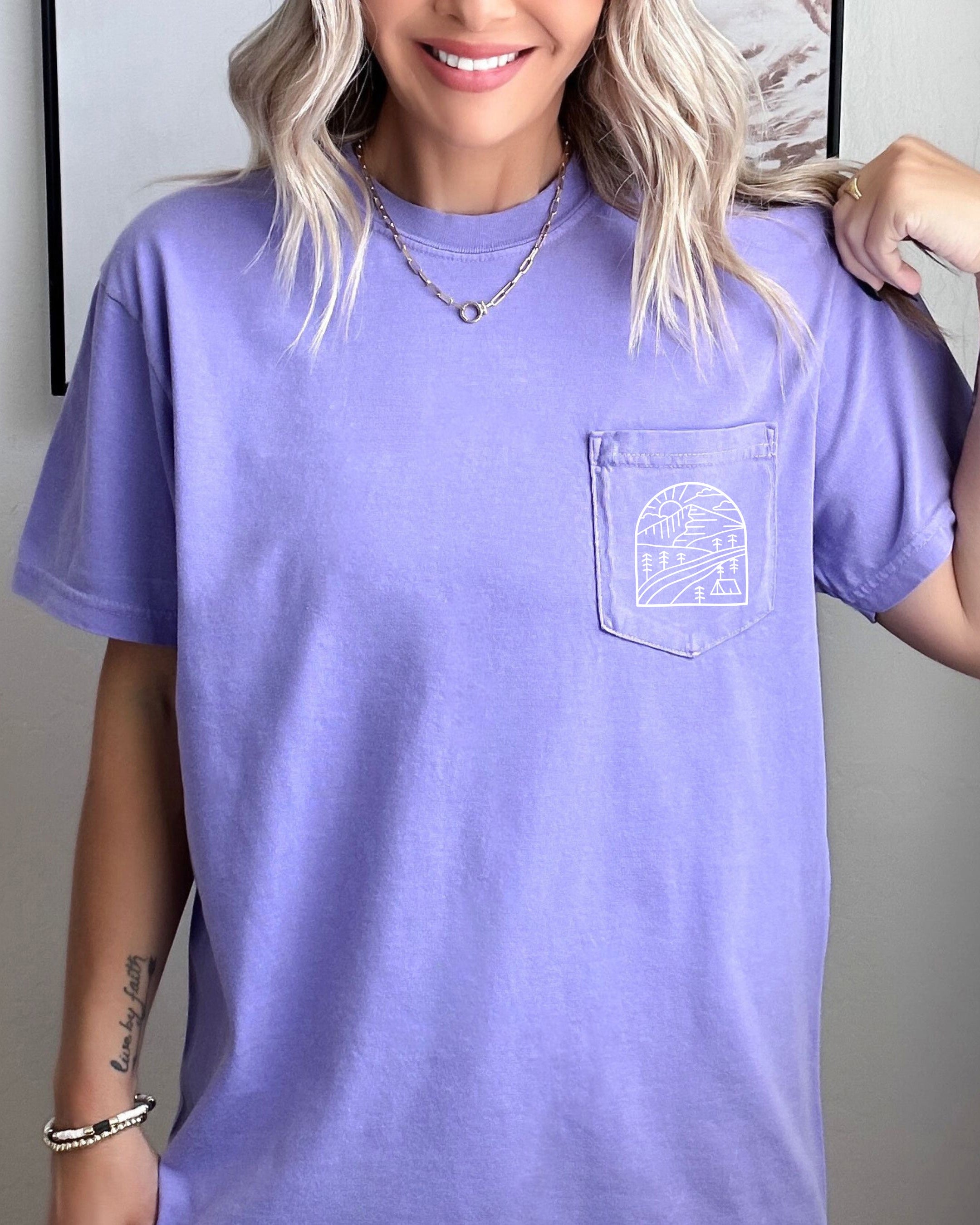 Outdoor Mountain Nature Comfort Colors Pocket T Shirt | Camping, Hiking, Plant (Window)