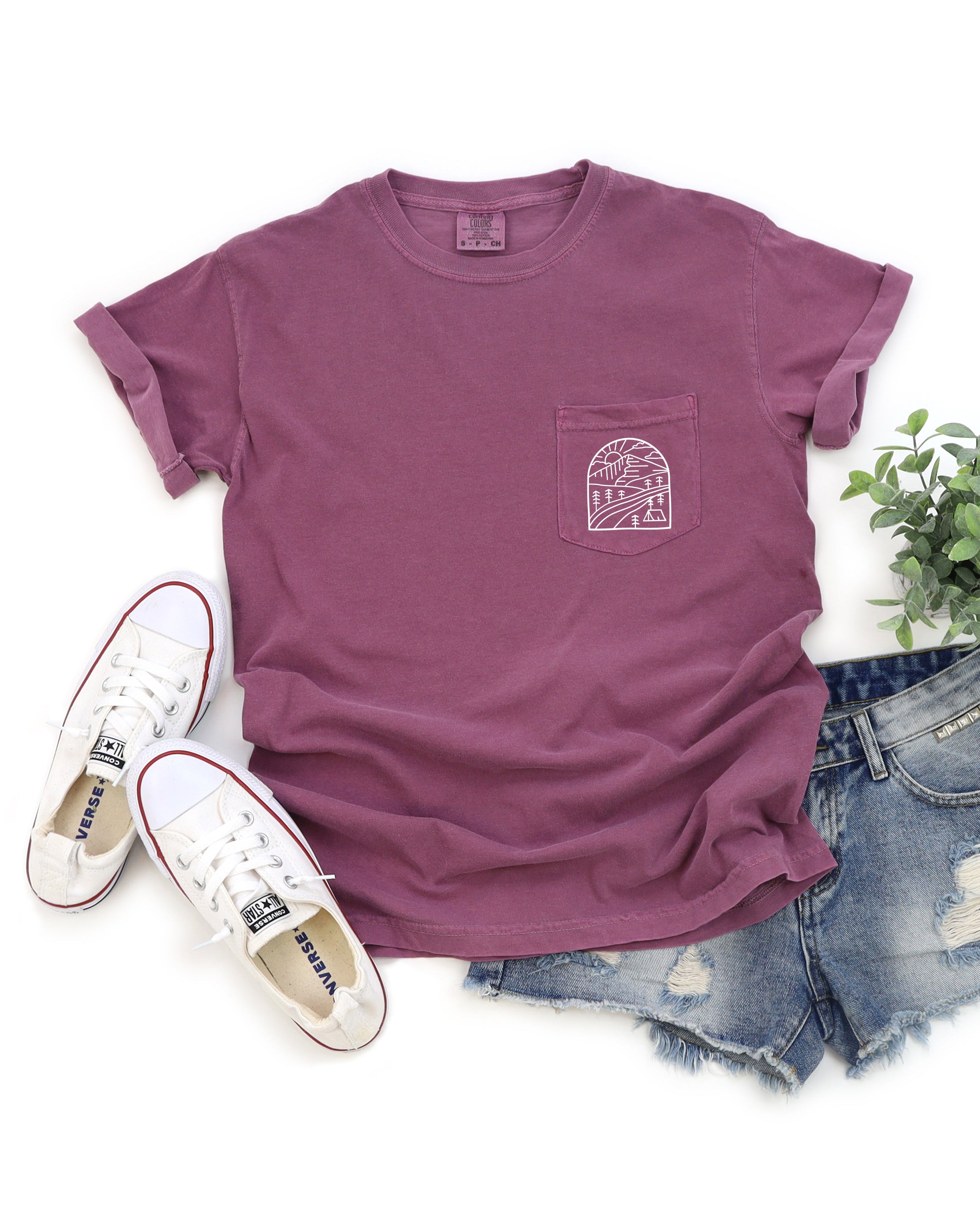 Outdoor Mountain Nature Comfort Colors Pocket T Shirt | Camping, Hiking, Plant (Window)