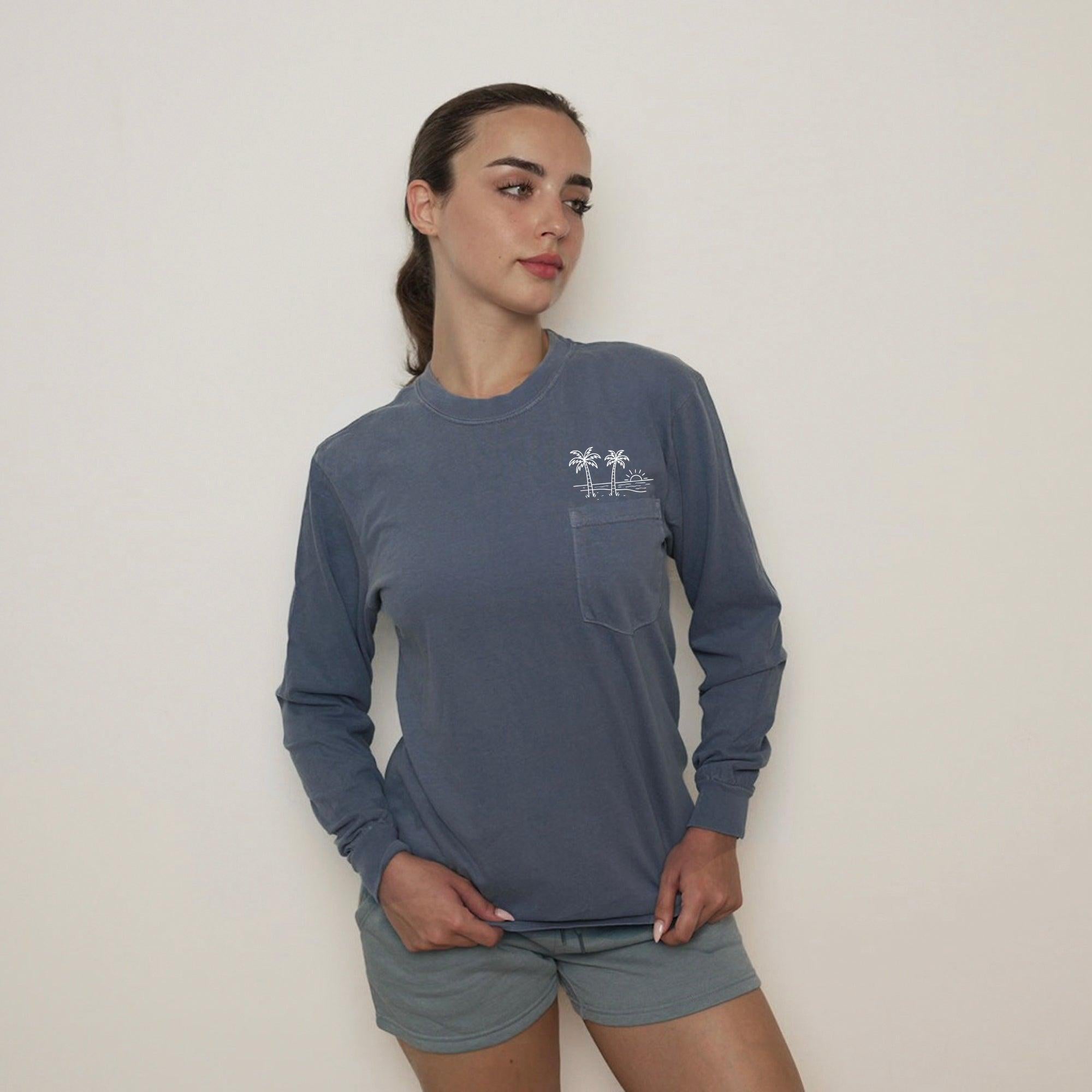 Palm Tree Beach Vacation Pocket Comfort Colors Long Sleeve Shirt