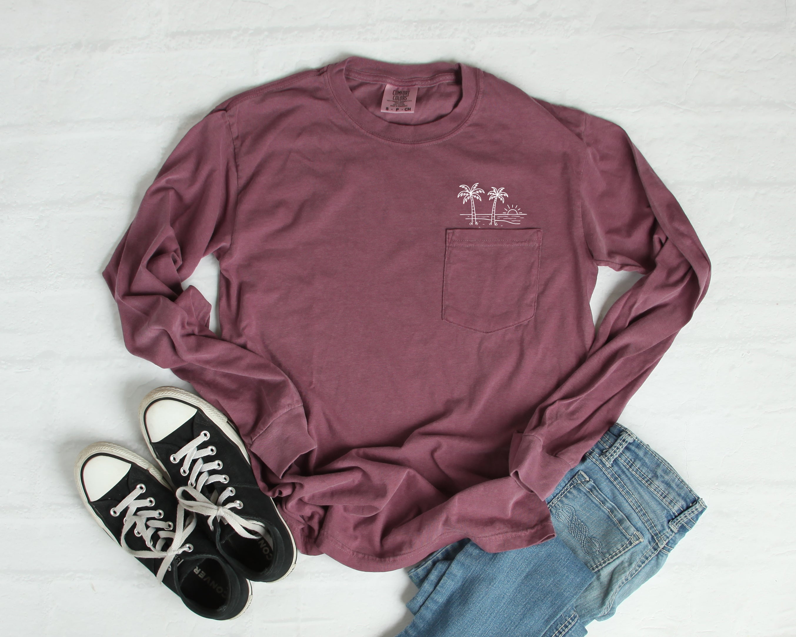 Palm Tree Beach Vacation Pocket Comfort Colors Long Sleeve Shirt