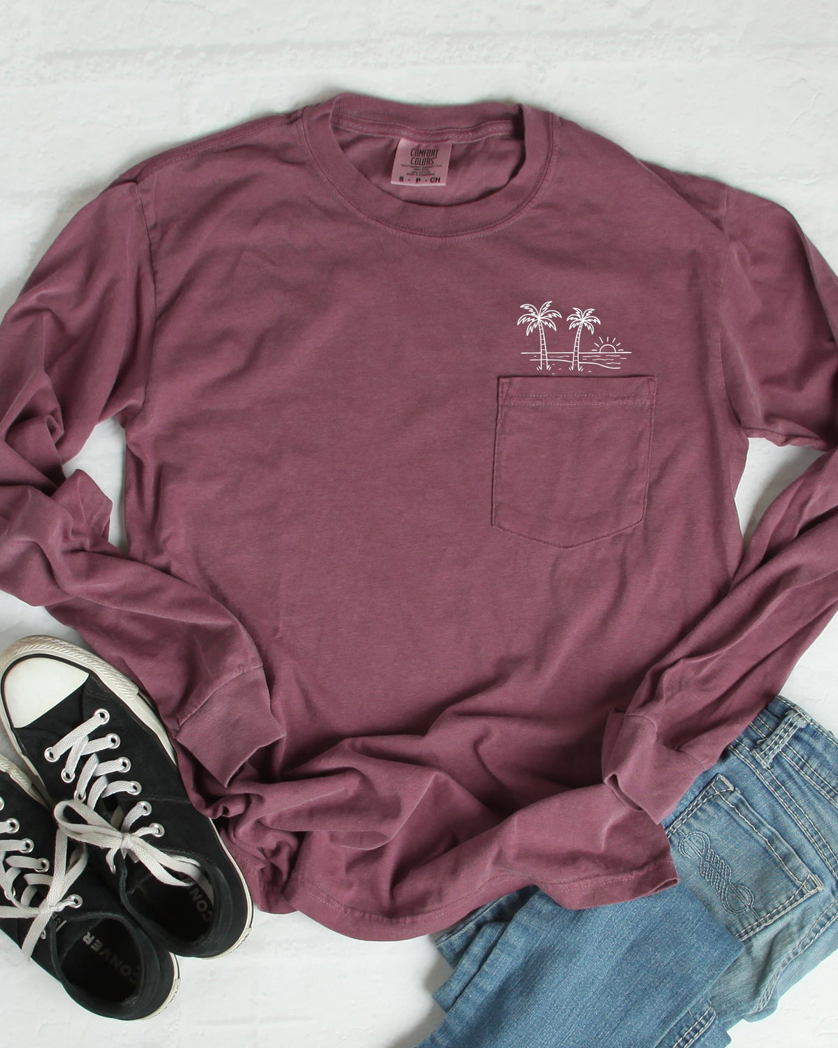 Palm Tree Beach Vacation Pocket Comfort Colors Long Sleeve Shirt