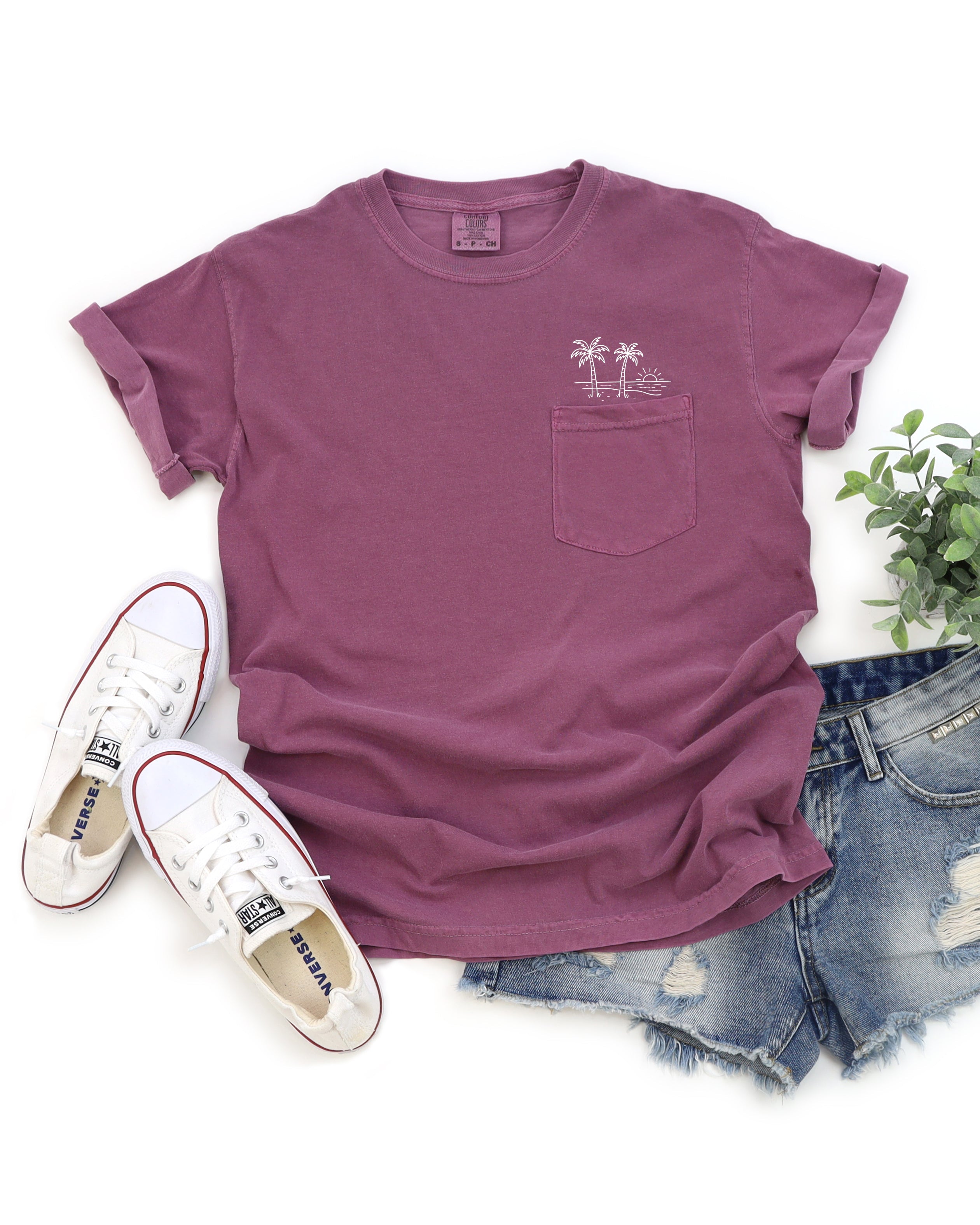 Palm Tree and Beach Comfort Colors Pocket T Shirt | Nature, Camping, Lake