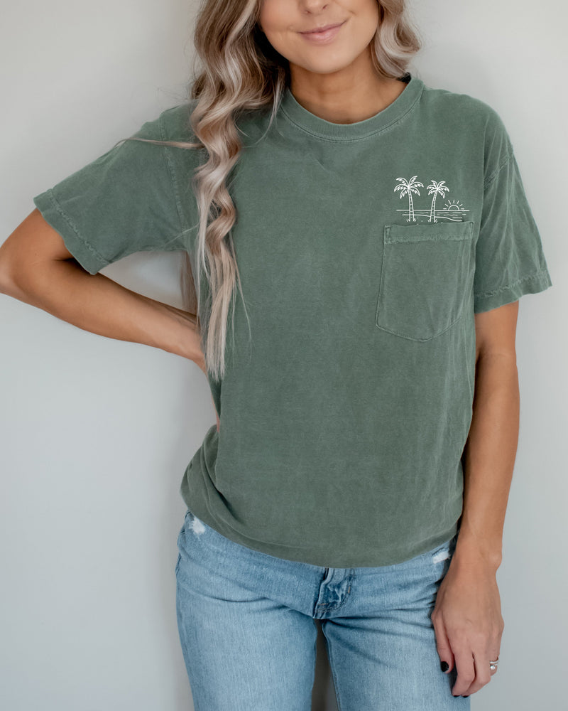 Palm Tree and Beach Comfort Colors Pocket T Shirt | Nature, Camping, Lake