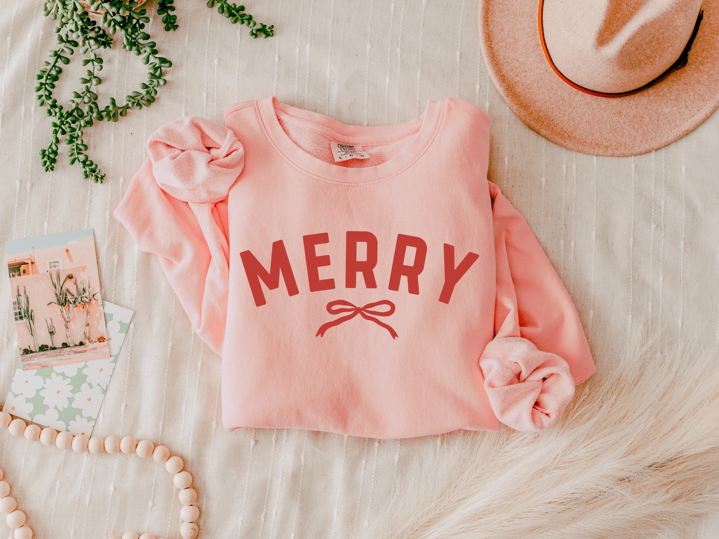 Merry Red Ribbon Christmas Merry Christmas Holiday Winter Fall Inspirational Garment Dyed Comfort Colors Sweatshirt