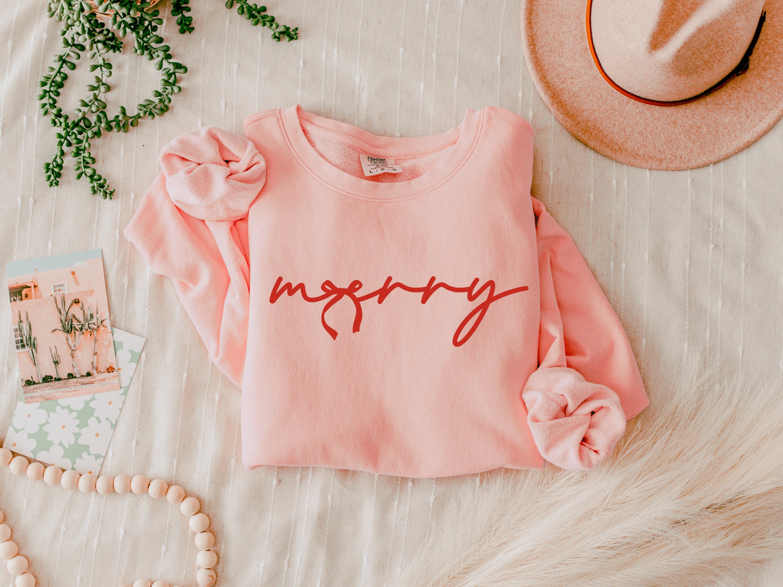 Merry Red Ribbon Christmas Merry Christmas Holiday Winter Fall Inspirational Garment Dyed Comfort Colors Sweatshirt