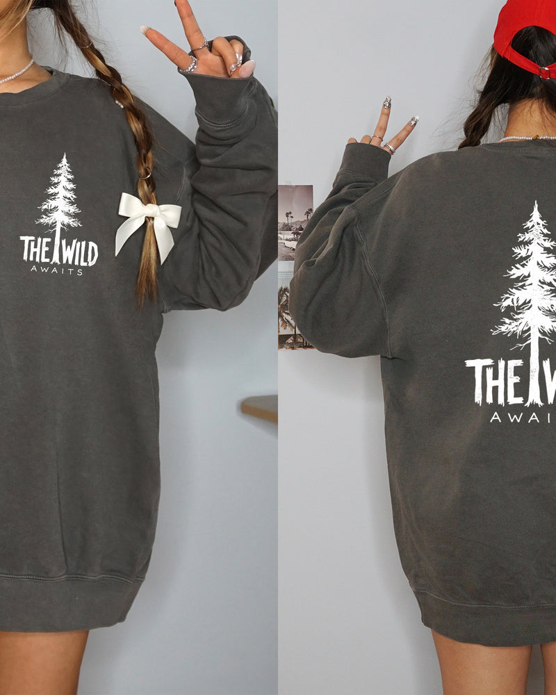 The Wild Awaits Mountain Nature Comfort Colors Garment-Dyed 100% Cotton Lightweight Sweatshirt – Camping & Hiking Outdoor Graphic