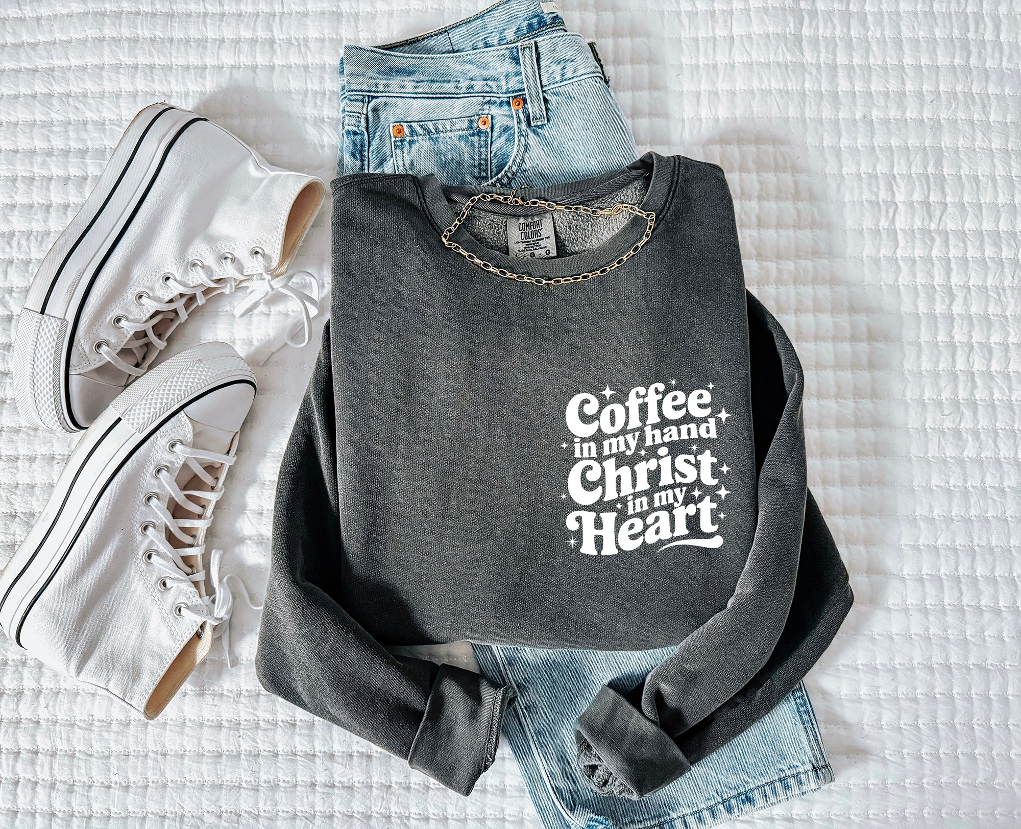 Coffee in my hand Christ in my heart Inspirational Christian Garment Dyed Comfort Colors Sweatshirt