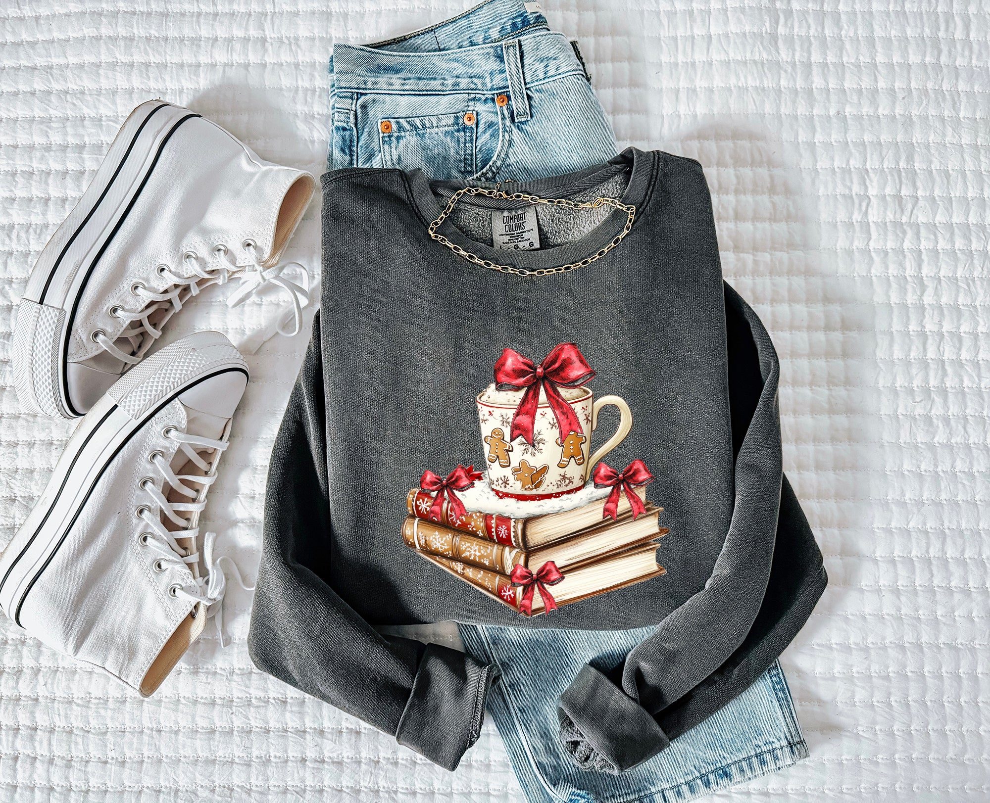 Merry Christmas Book Hot Chocolate Ginger Cookie Santa Holiday Winter Fall Inspirational Garment Dyed Comfort Colors Sweatshirt