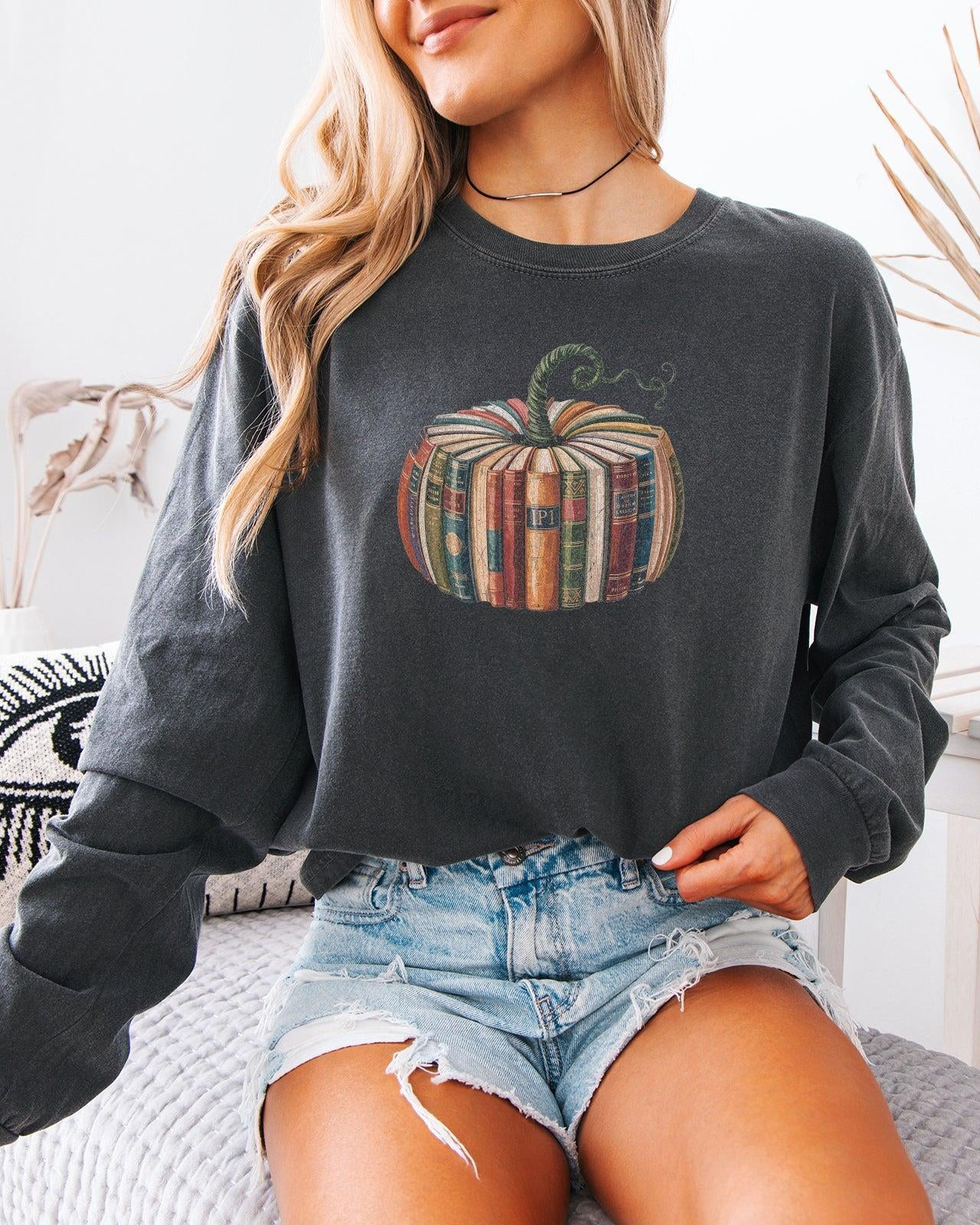 Pumpkin Books Fall Thanksgiving Day Comfort Colors Long Sleeve Shirt