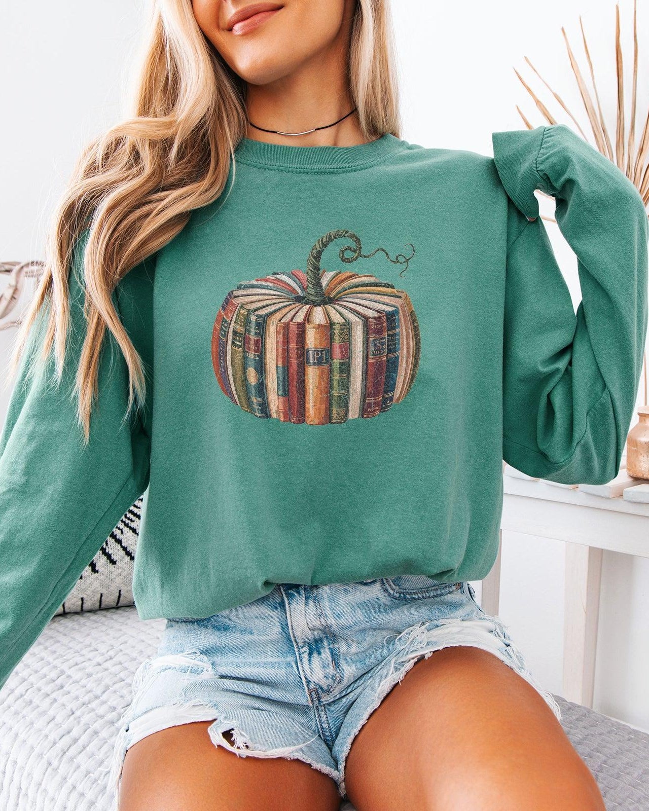 Pumpkin Books Fall Thanksgiving Day Comfort Colors Long Sleeve Shirt