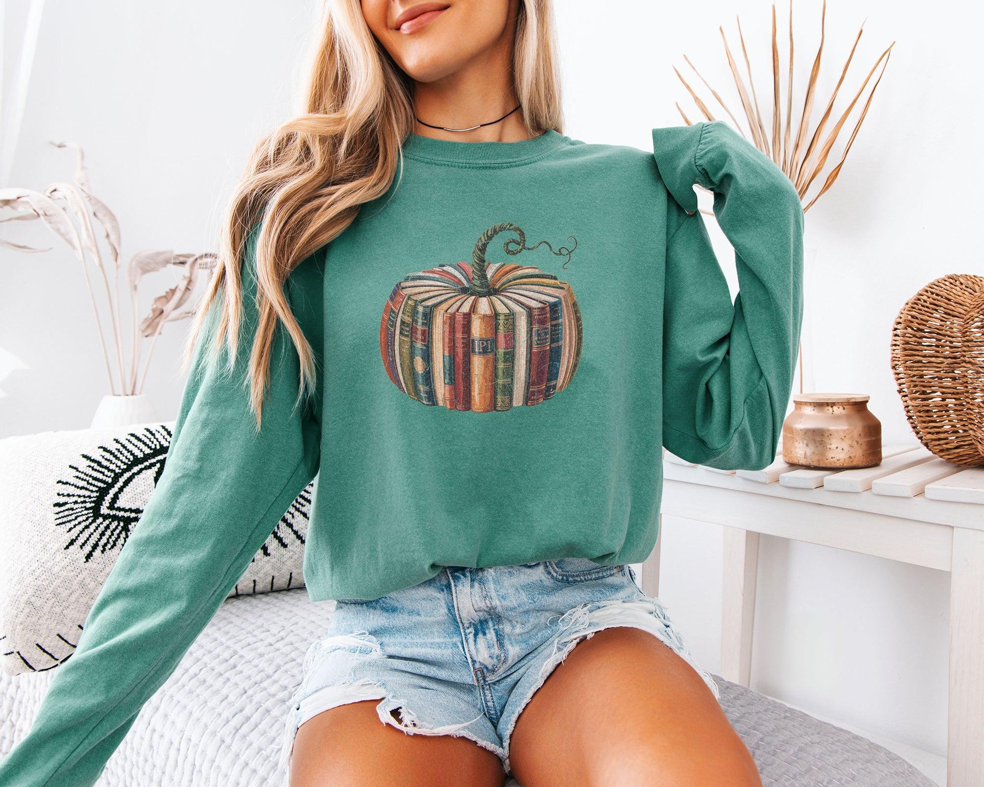 Pumpkin Books Fall Thanksgiving Day Comfort Colors Long Sleeve Shirt