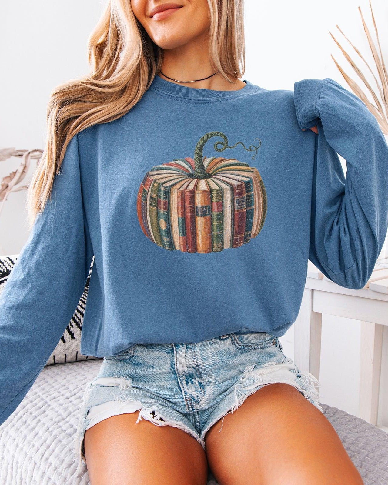 Pumpkin Books Fall Thanksgiving Day Comfort Colors Long Sleeve Shirt