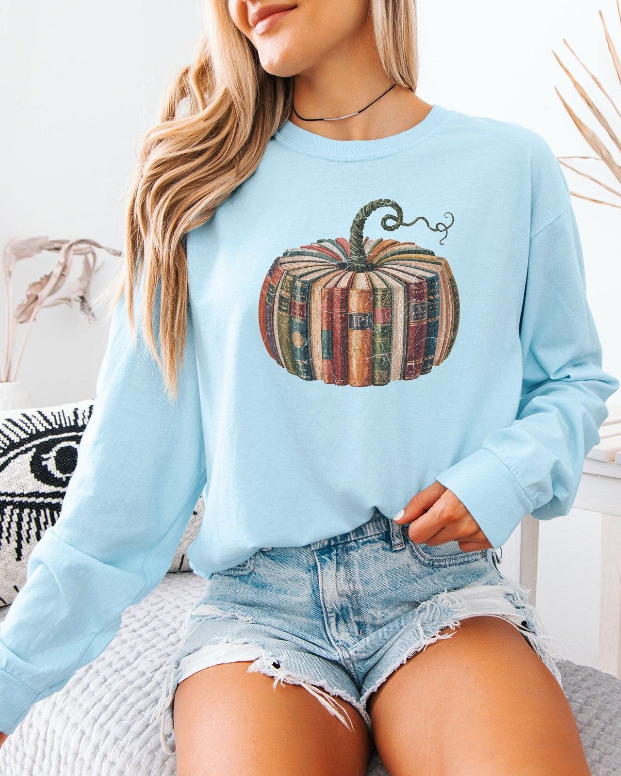 Pumpkin Books Fall Thanksgiving Day Comfort Colors Long Sleeve Shirt