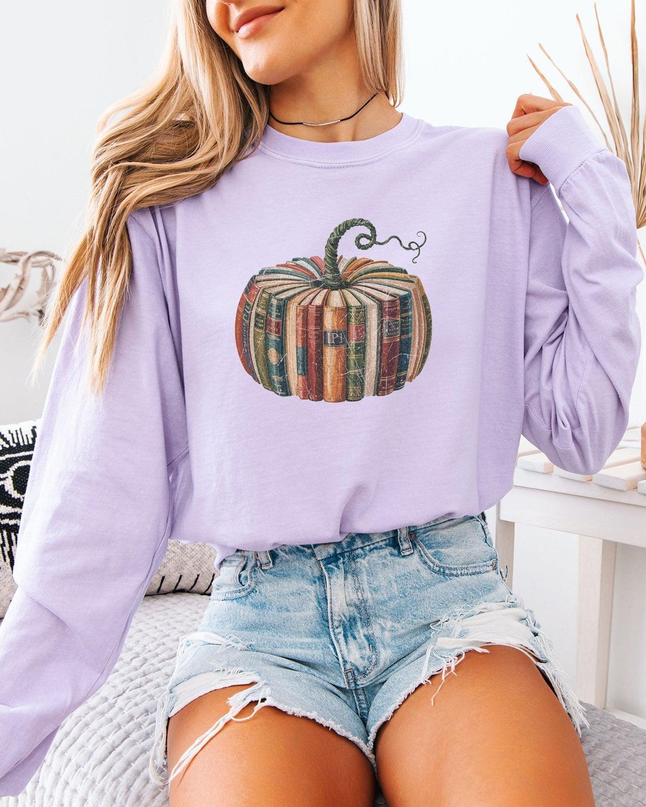 Pumpkin Books Fall Thanksgiving Day Comfort Colors Long Sleeve Shirt