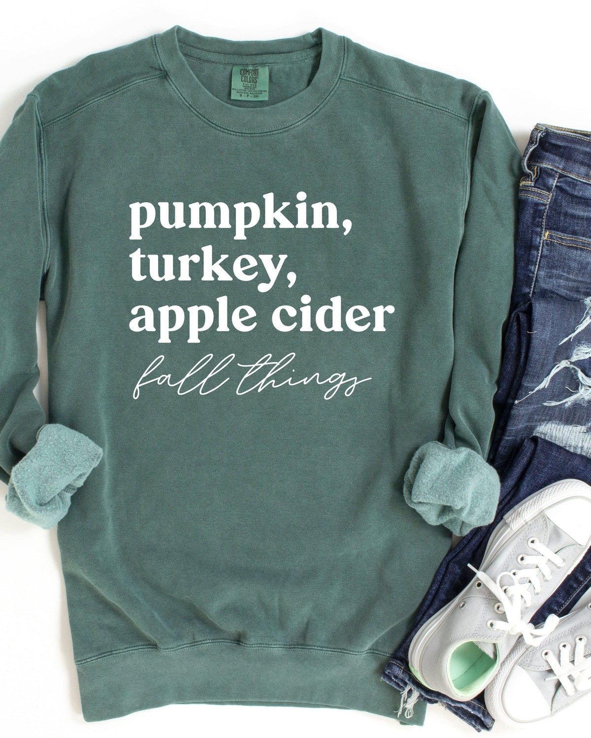 Pumpkin, Turkey, Apple Cider, Fall things Garment Dyed Comfort Colors Sweatshirt | Thanksgiving