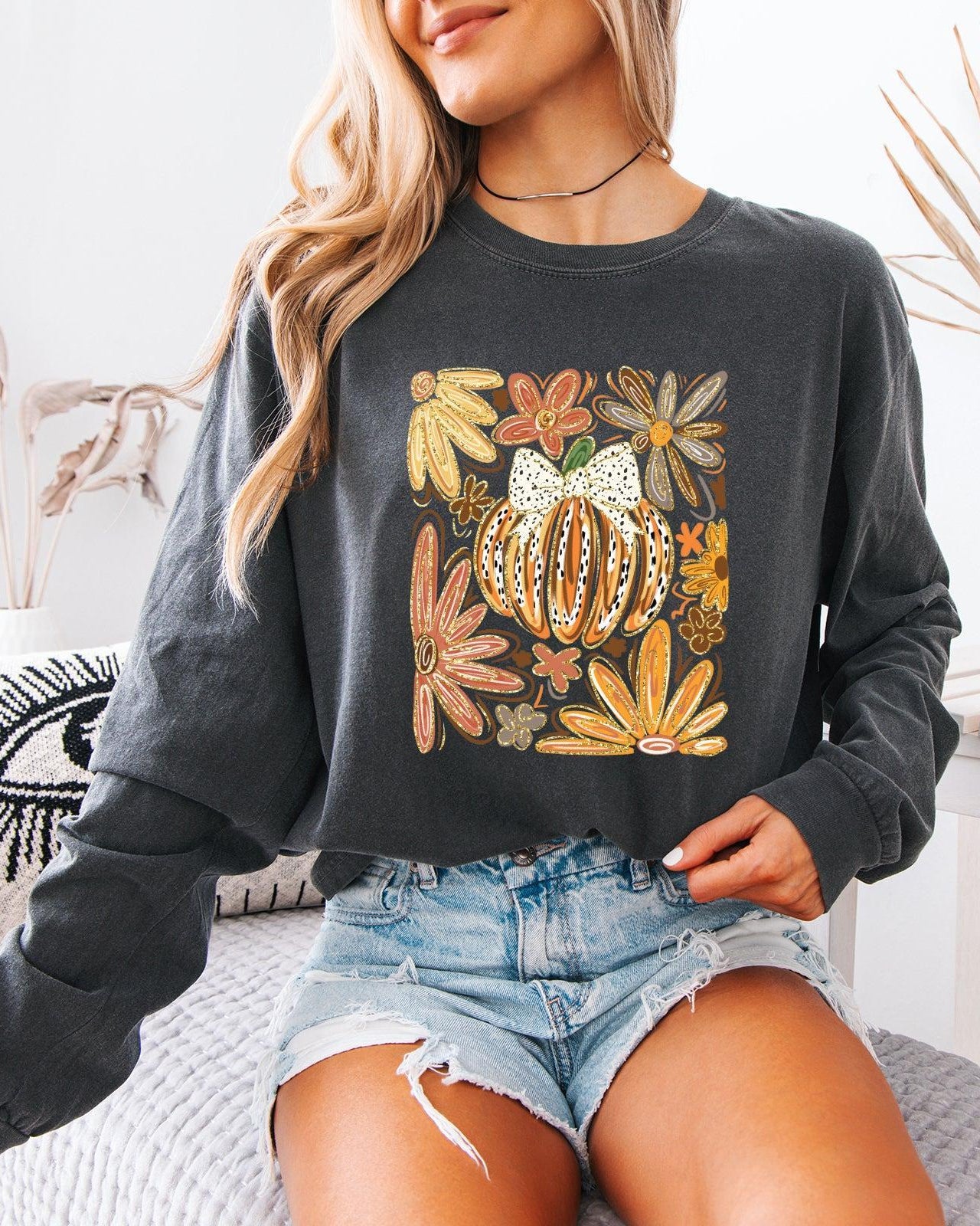 Pumpkins Fall Flower Thanksgiving Day Comfort Colors Long Sleeve Shirt