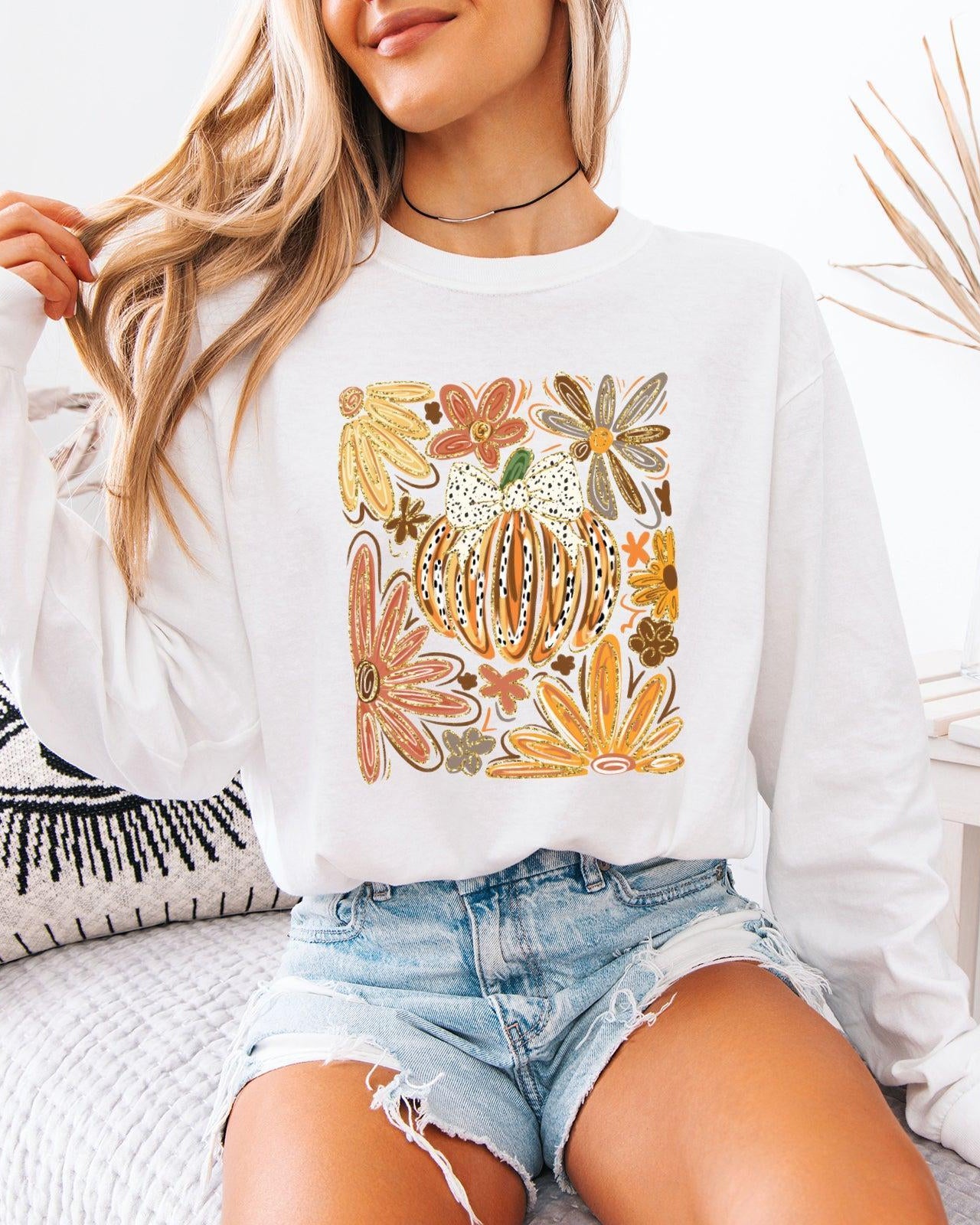 Pumpkins Fall Flower Thanksgiving Day Comfort Colors Long Sleeve Shirt