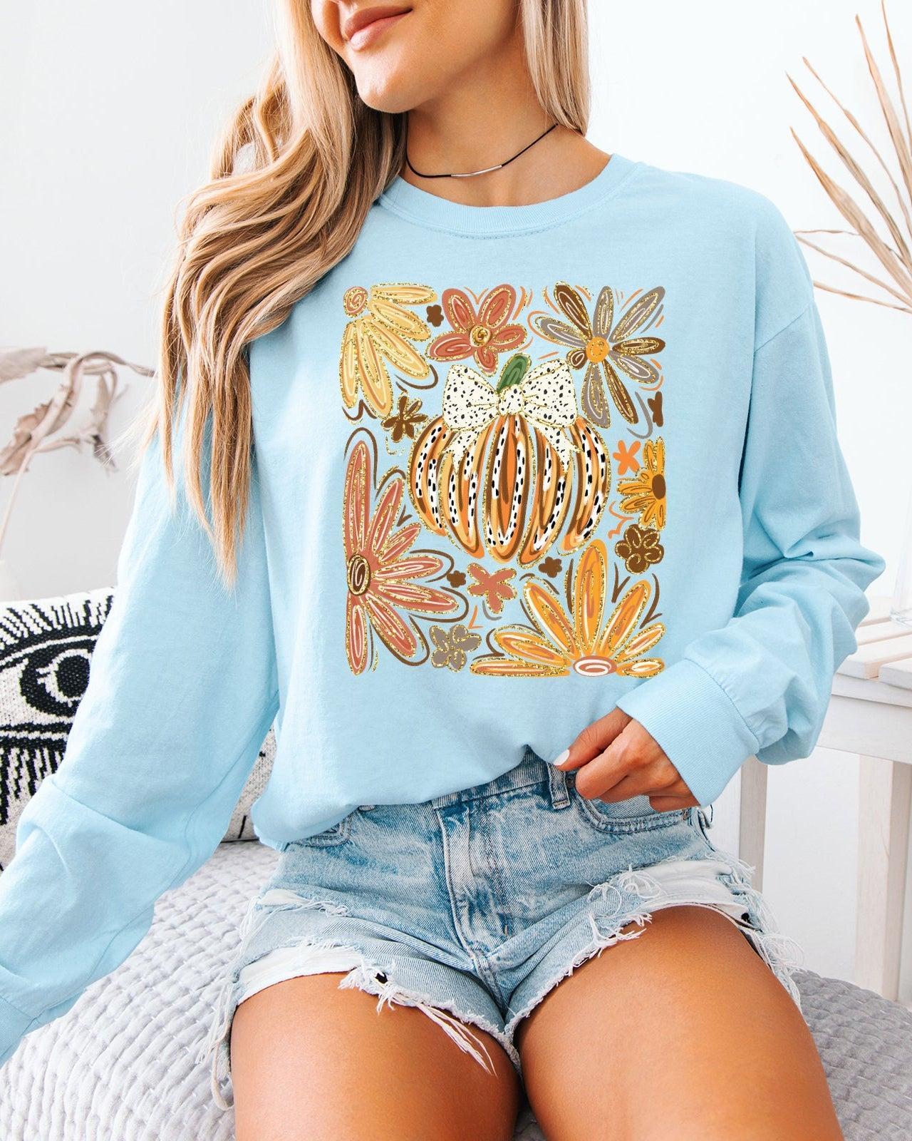 Pumpkins Fall Flower Thanksgiving Day Comfort Colors Long Sleeve Shirt